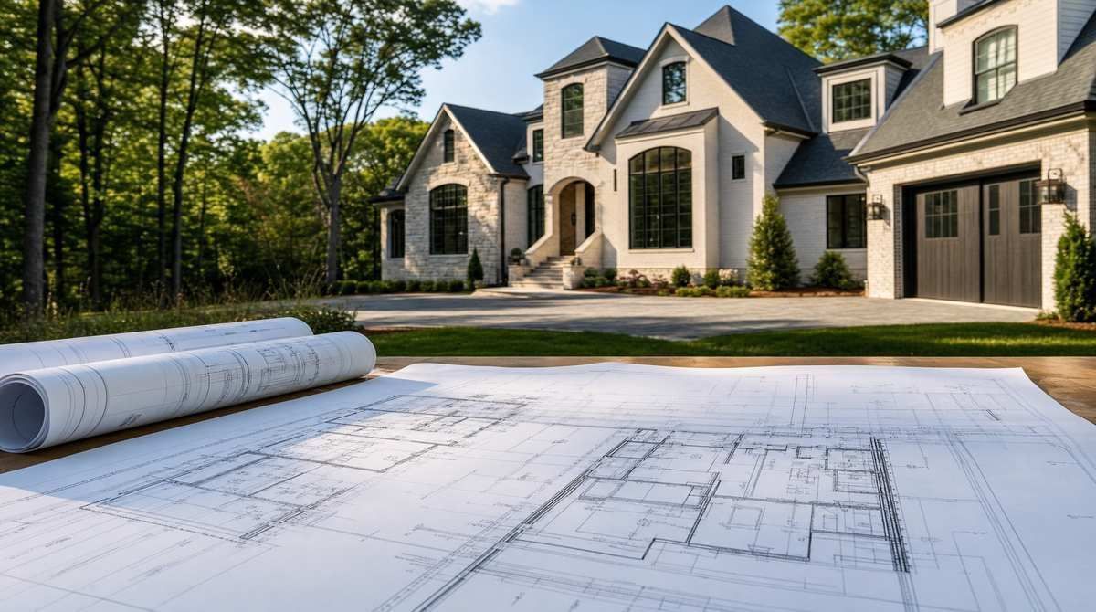 Custom home builder timeline in Charlotte NC with architectural plans and a luxury residential home exterior