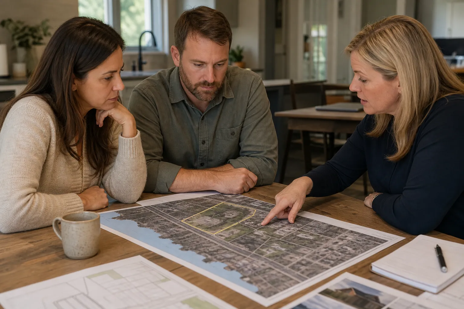 Three adults review a large aerial property map at a wooden table, with one woman pointing near a yellow-outlined parcel.