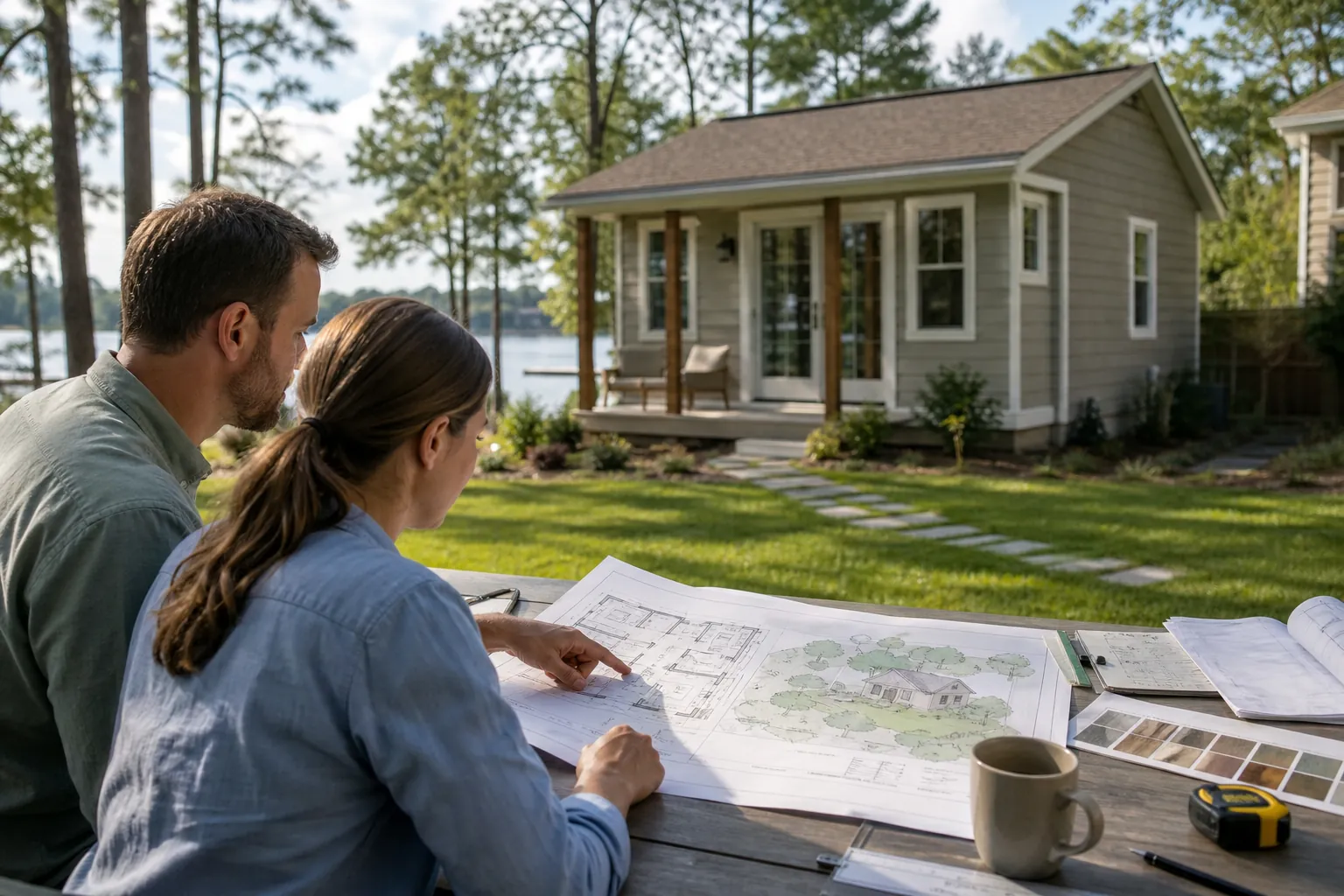 Two adults review architectural plans at an outdoor table facing a small gray cottage with a porch beside a lake.