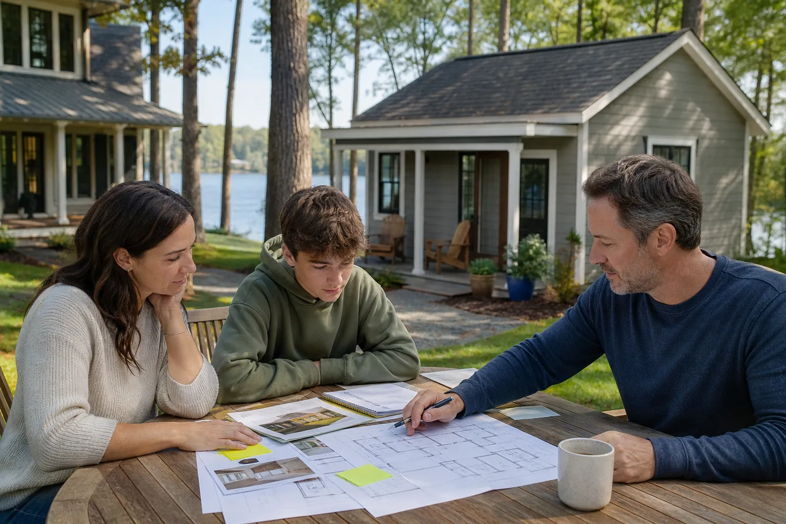 Three people review floor plans and reference photos at an outdoor table beside a small cottage and a larger lakeside house.