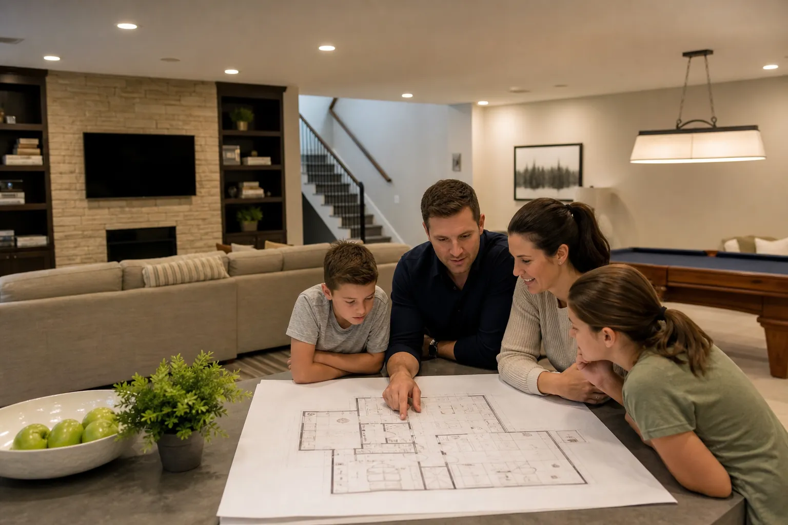 A family of four reviews a floor plan at a table in a finished basement with a lounge, fireplace, TV, and pool table.