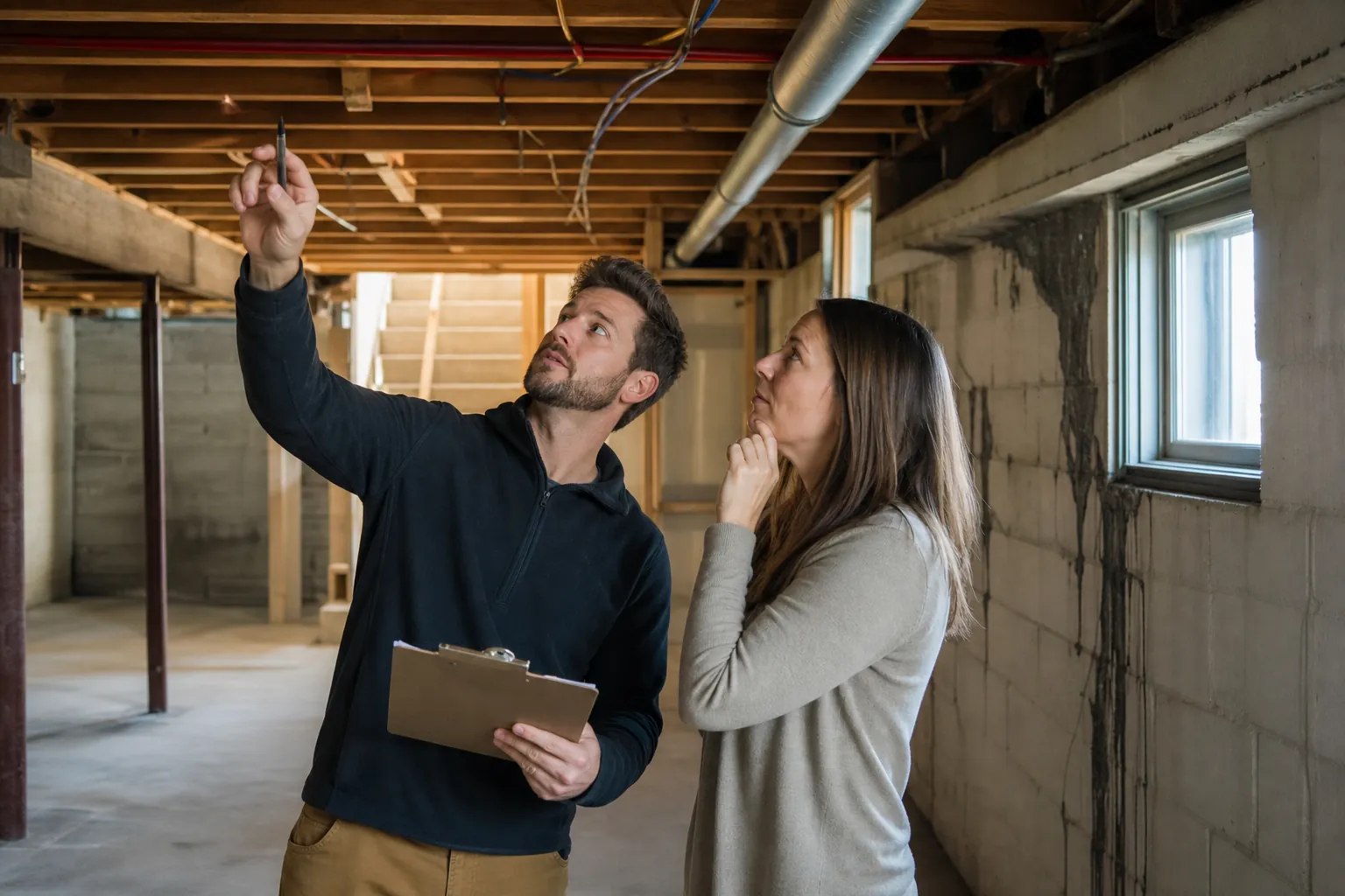 A man with a clipboard and a woman inspect exposed ceiling joists, wiring, ductwork, and block walls in a basement.