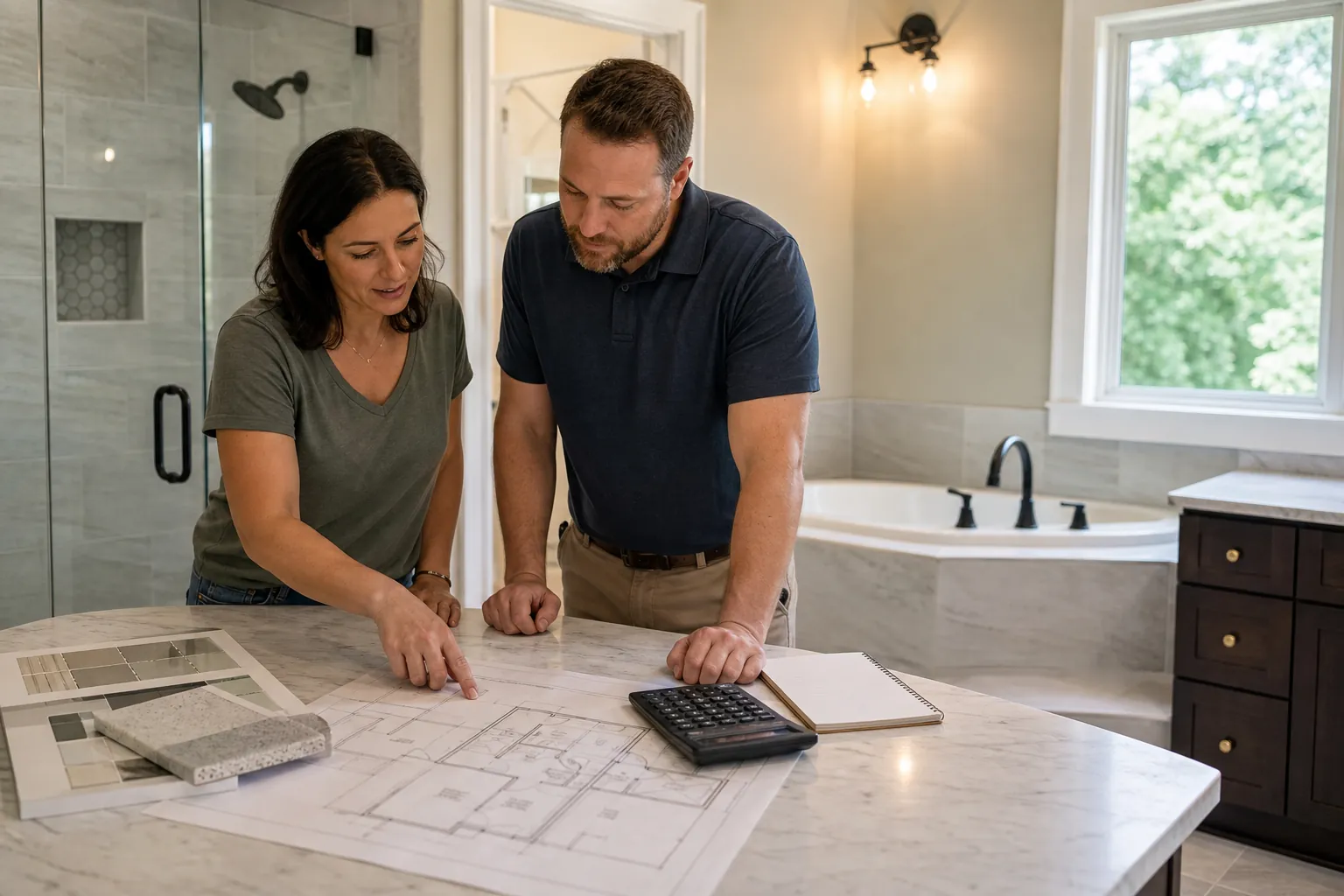 A couple reviews bathroom floor plans, tile samples, and a calculator on a marble counter during a remodel.