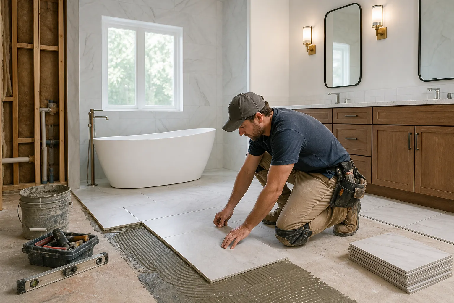 Contractor installs large floor tiles beside a freestanding tub and wood vanity during a bathroom remodel.