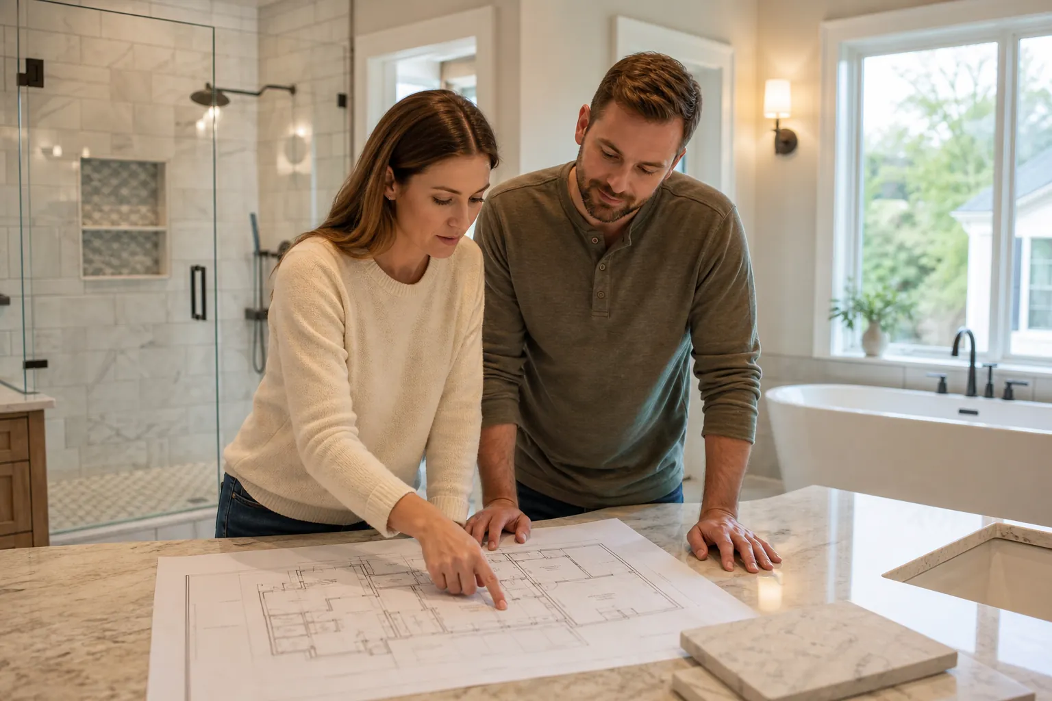 A couple reviews a floor plan on a marble counter in a bright bathroom with a glass shower and freestanding tub.