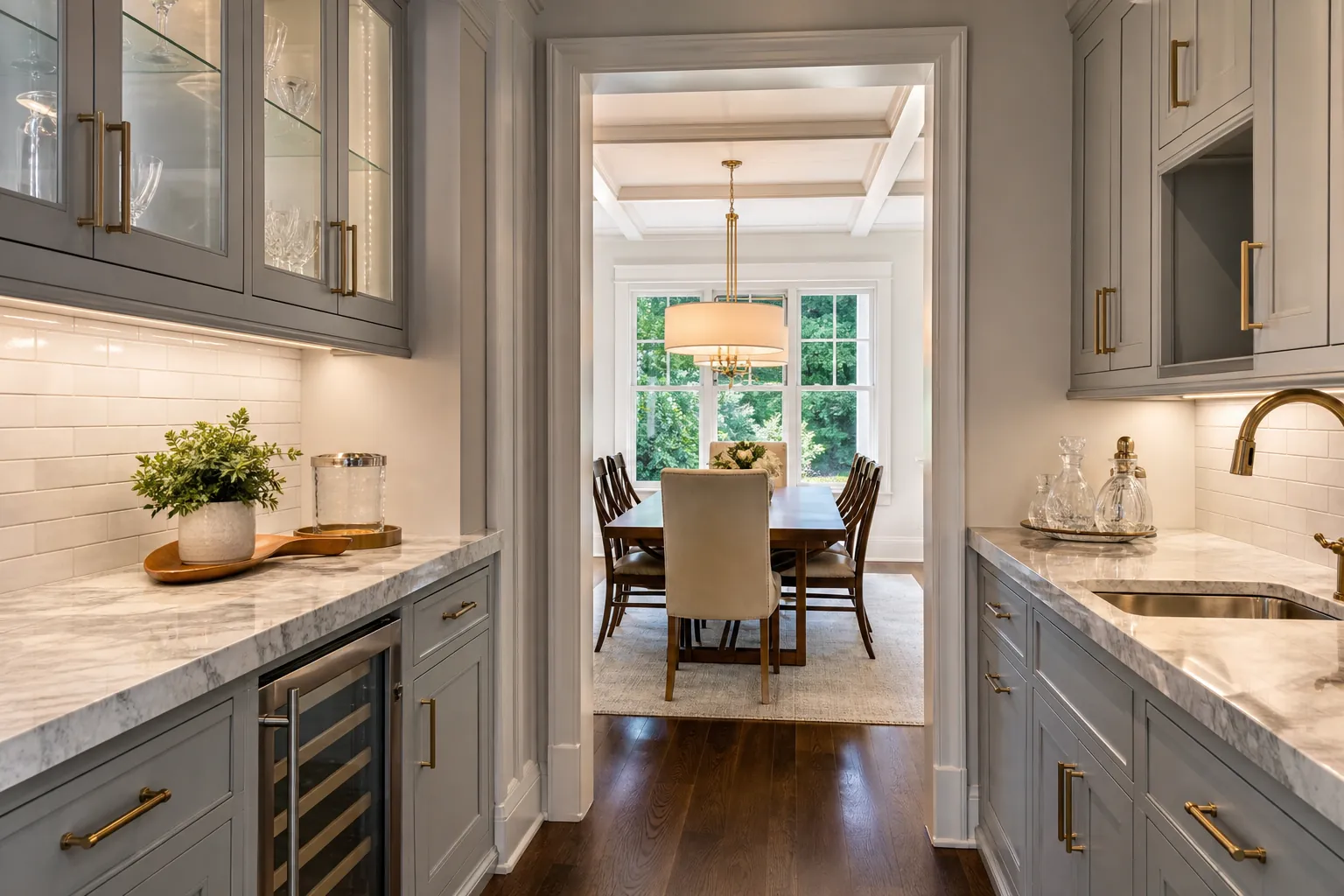 Narrow butler pantry with gray cabinetry, marble counters, glass-front storage, wine cooler, and sink beside a dining room.