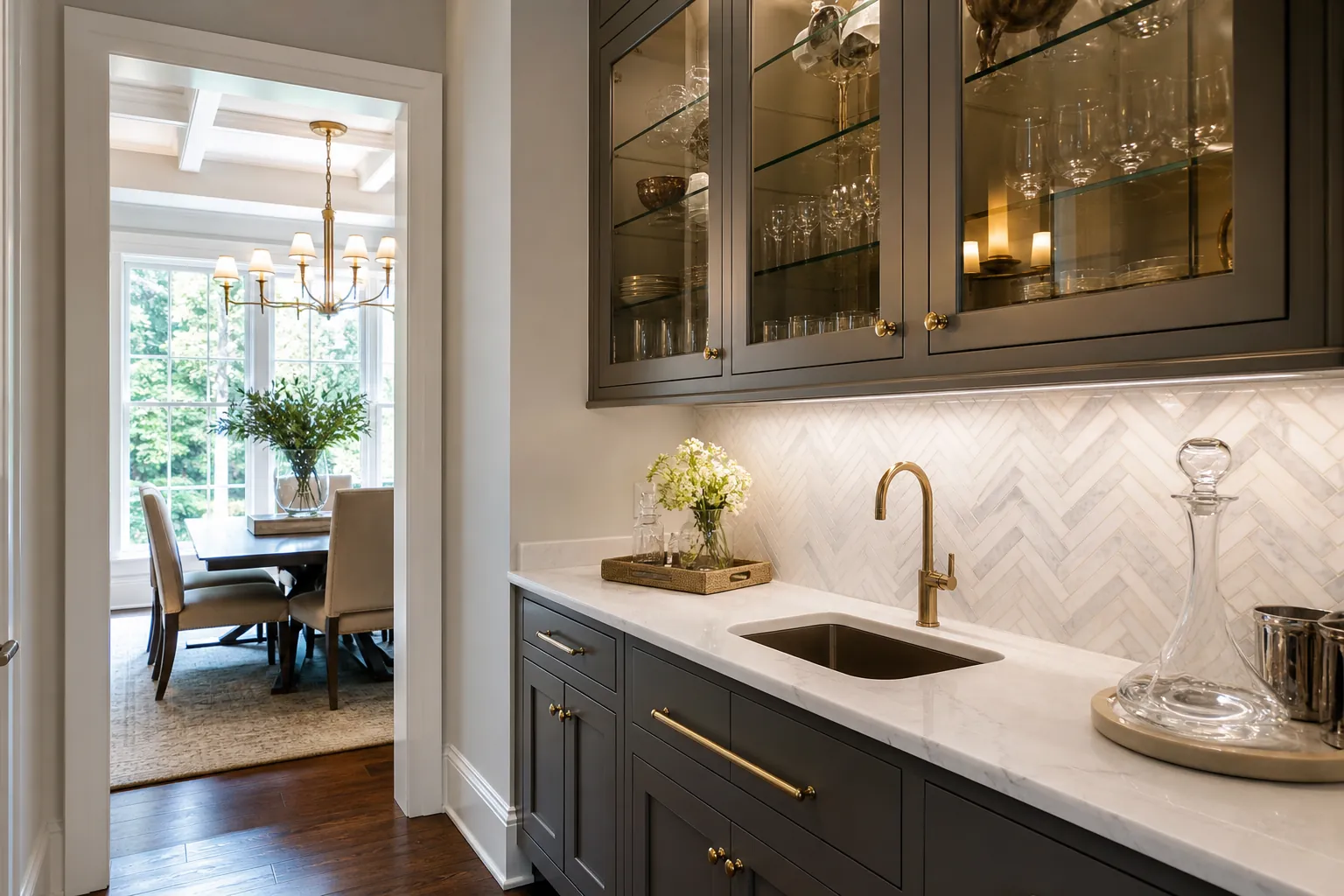 Modern Butler Pantry With Dark Cabinets and Brass Fixtures Modern butler pantry with dark cabinets, glass-front storage, brass fixtures, marble counters, and a dining room beyond.