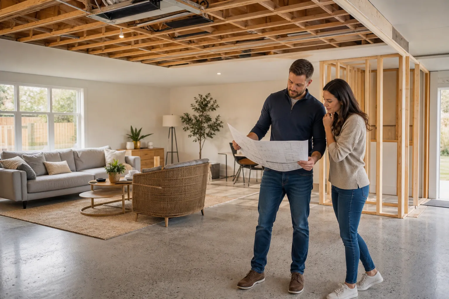 A couple reviews building plans in a partially framed garage conversion with an exposed ceiling and furnished living area.