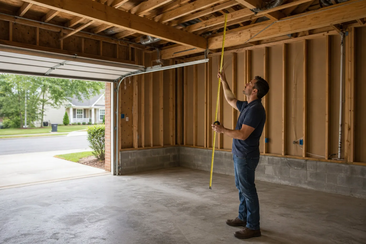 A man uses a tape measure to check the exposed ceiling height inside an unfinished residential garage.