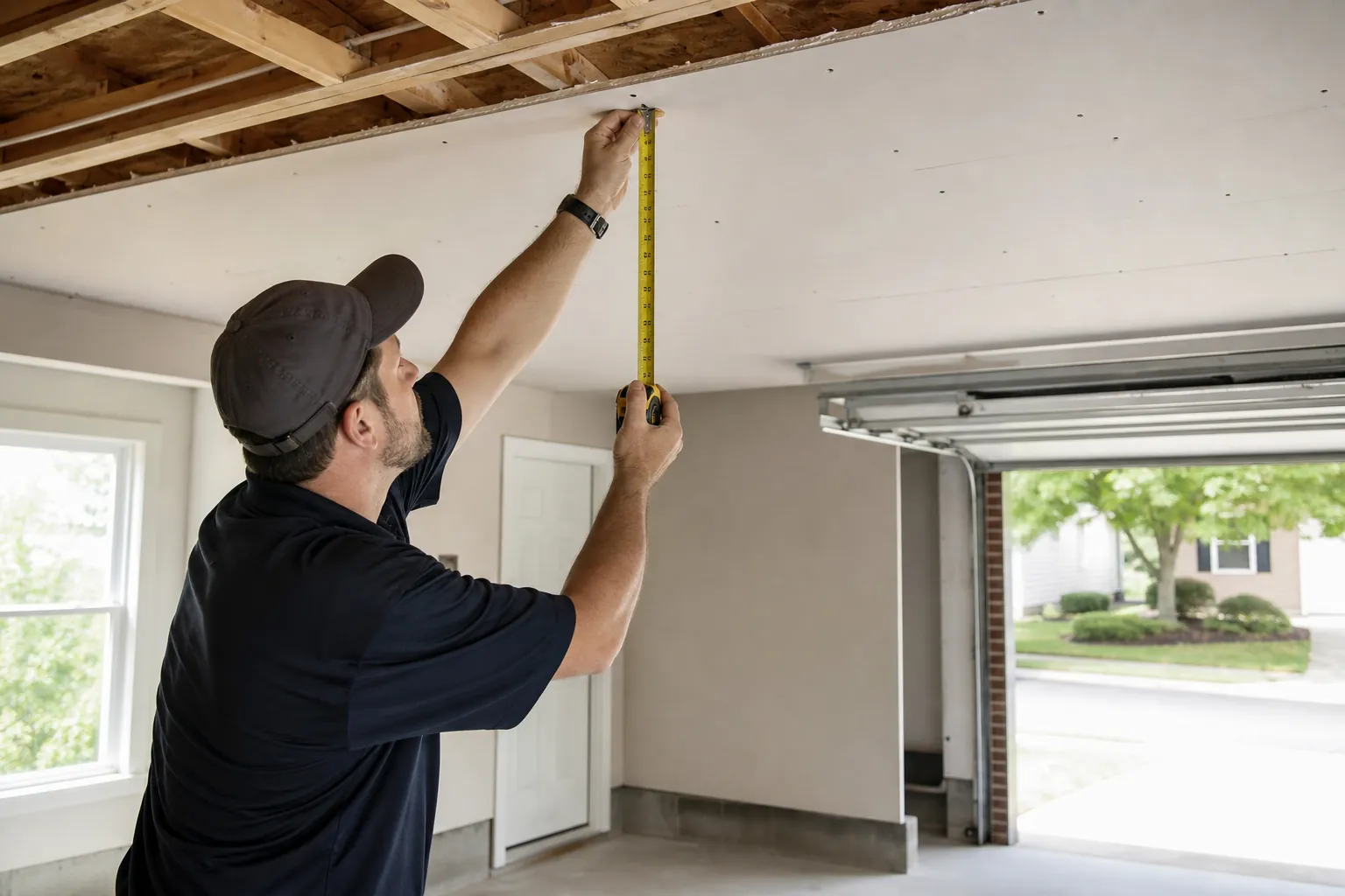 Contractor measures ceiling height with a tape measure inside an unfinished garage with exposed roof framing.