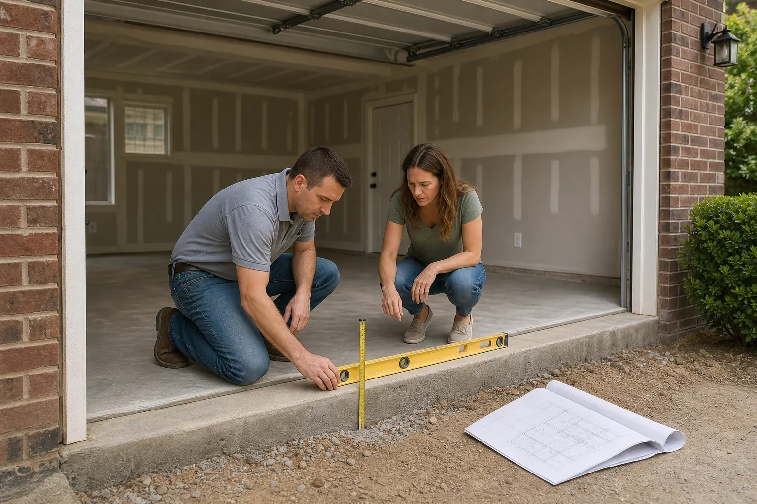 Two homeowners use a level and measuring tape to check the concrete floor height at an unfinished garage entrance.