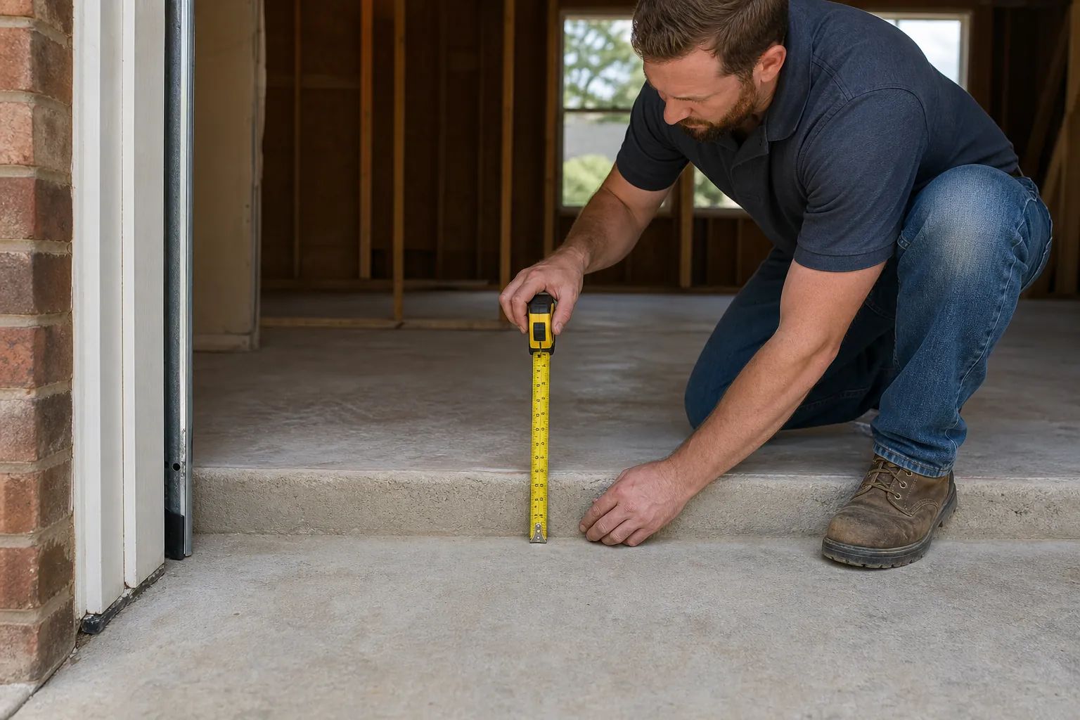 Measuring the Garage Floor Level at the Threshold A kneeling contractor uses a tape measure to check the height difference at a concrete garage floor threshold.