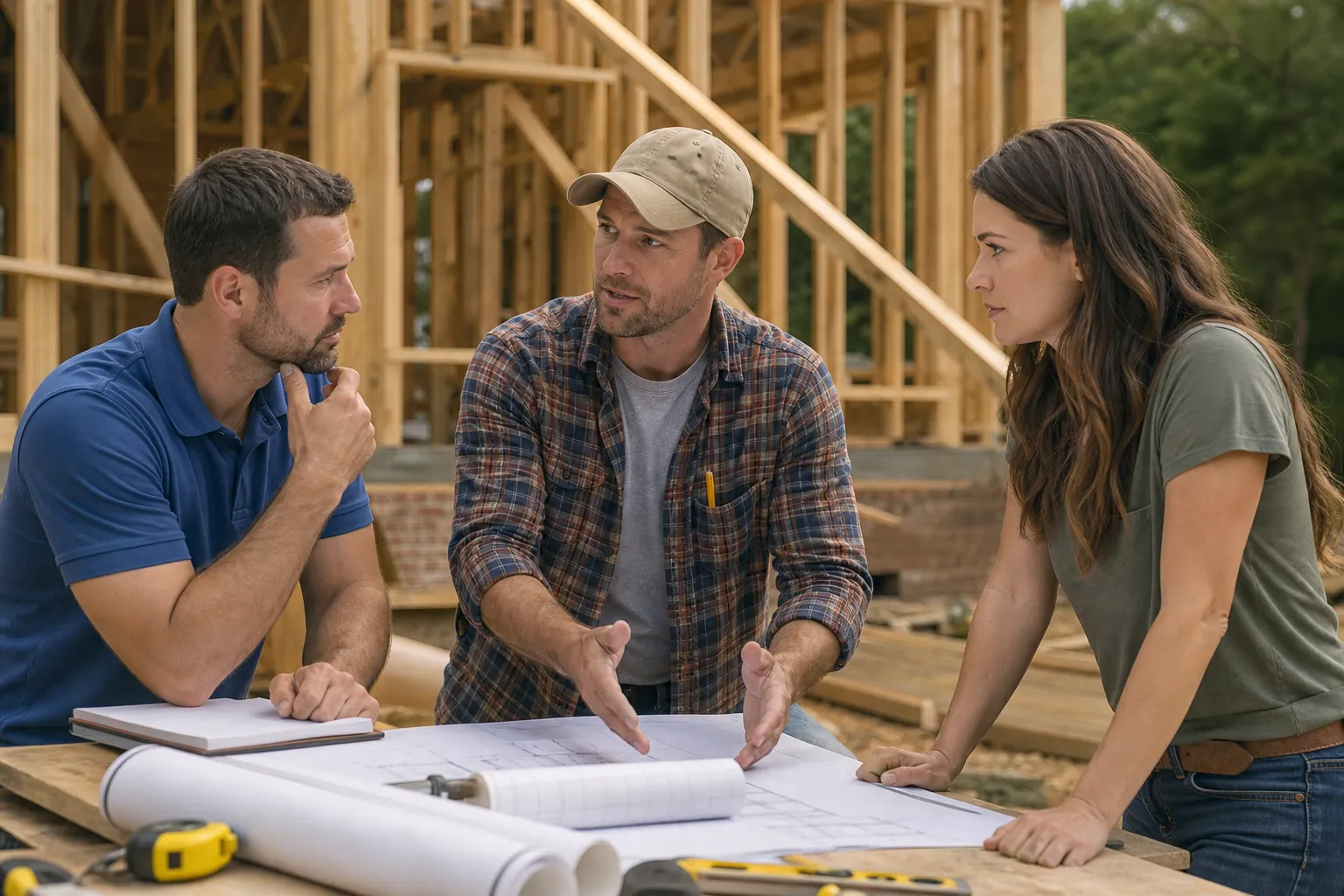 Three people discuss building plans at a worktable in front of a wood-framed house under construction.