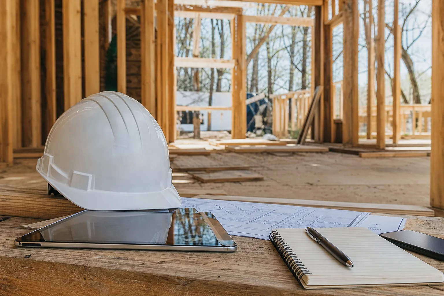 White hard hat, tablet, blueprints, notebook, and pen on a workbench inside a wood-framed house.