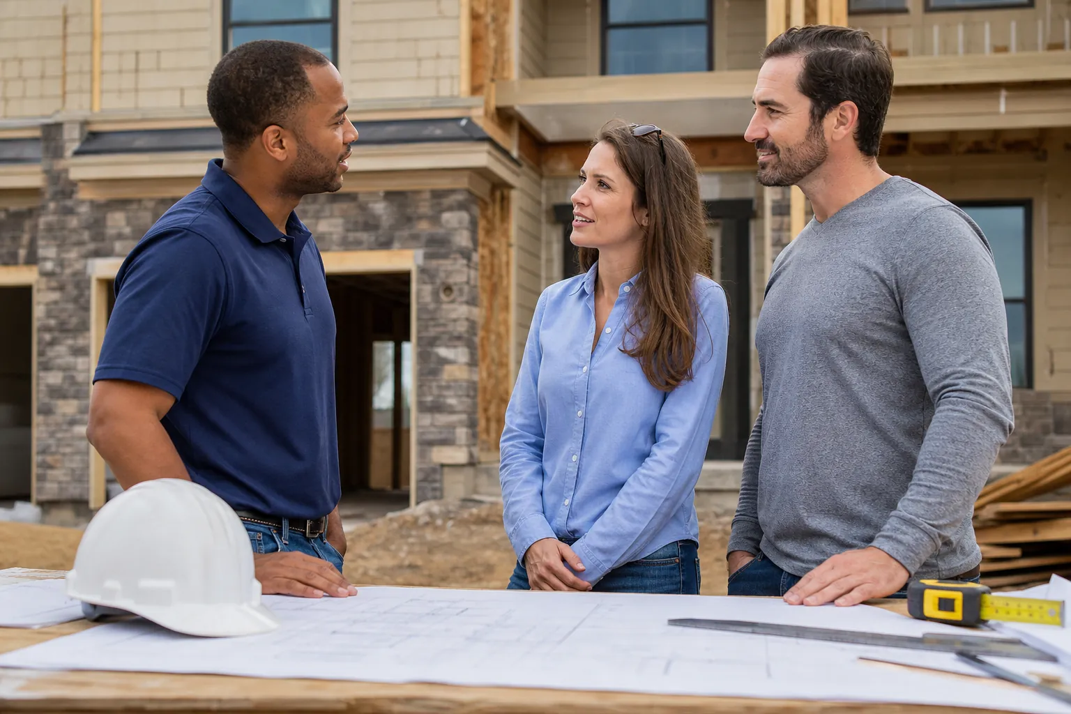 A contractor speaks with two homeowners over building plans at a residential construction site.
