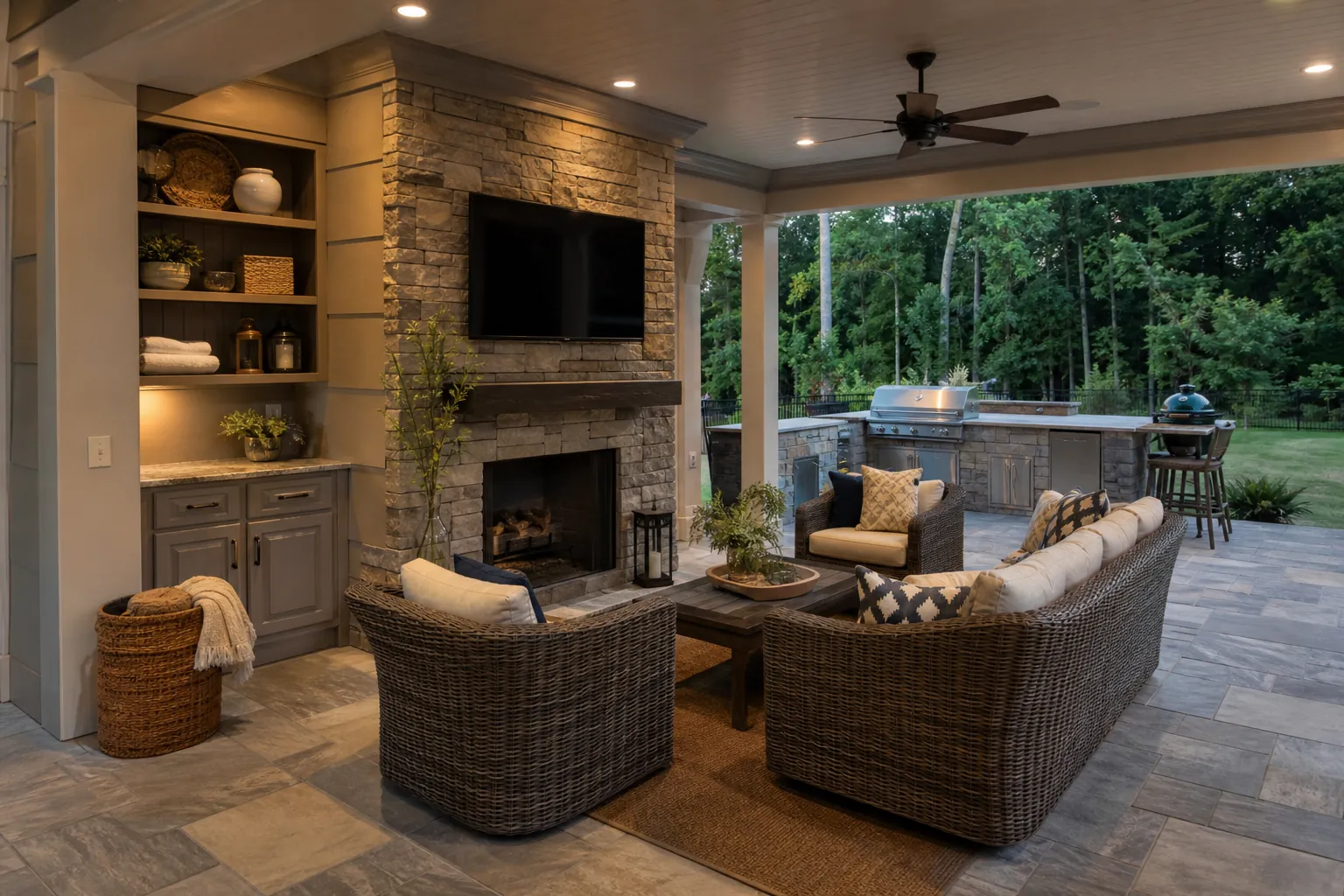 Covered outdoor living room with built-in cabinets, shelving, stone fireplace, wicker seating, and an outdoor kitchen.