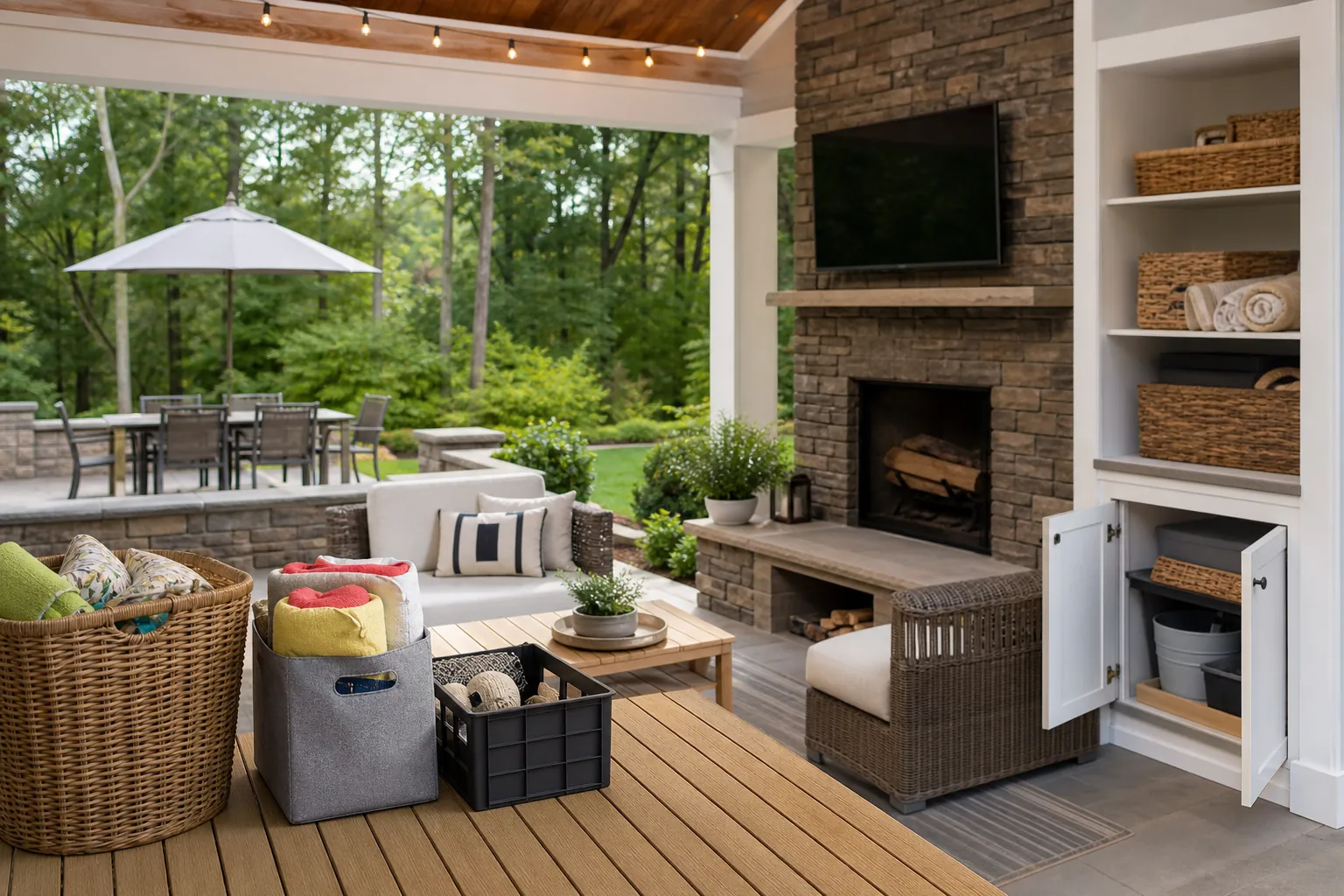 Covered outdoor living room with built-in cabinets, baskets, blanket bins, wicker seating, fireplace, TV, and dining patio.