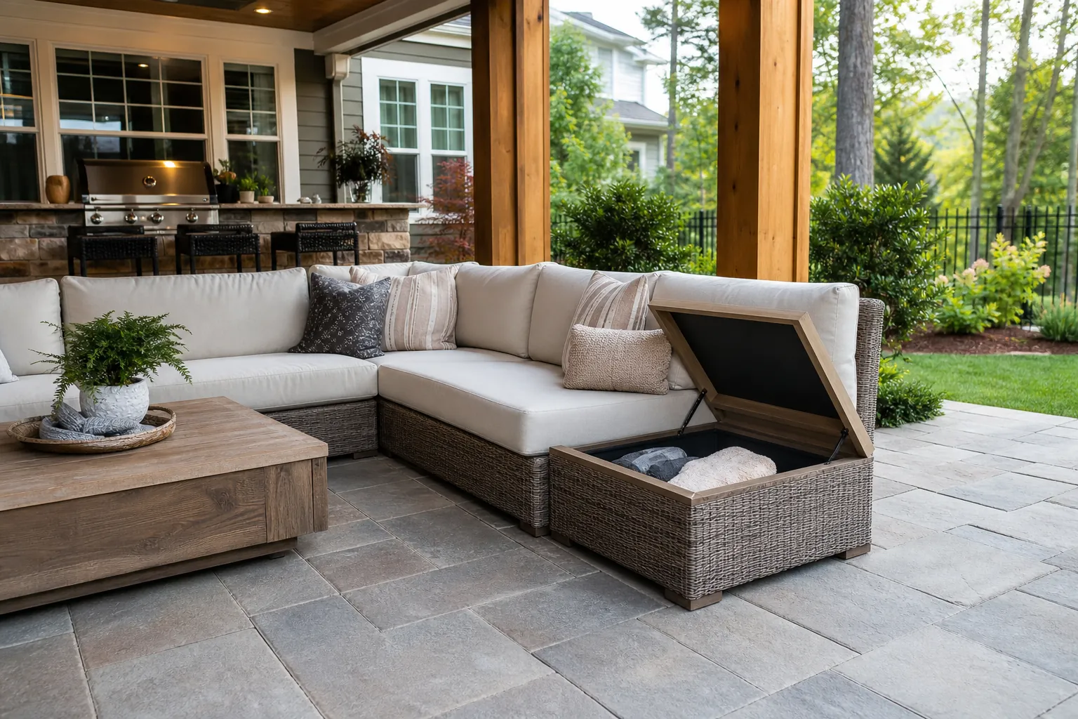 Covered patio with a sectional sofa, open built-in cushion storage, coffee table, grill, and landscaped yard.