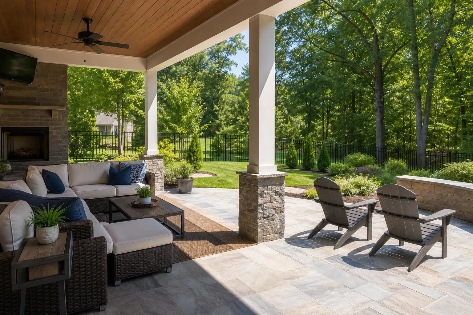 Covered outdoor patio with a fireplace, ceiling fan, lounge seating, sunlit chairs, and a wooded backyard.