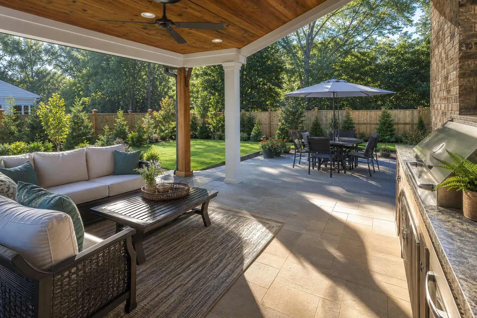 Covered backyard patio with lounge seating, an outdoor kitchen, and a dining table shaded by an umbrella.