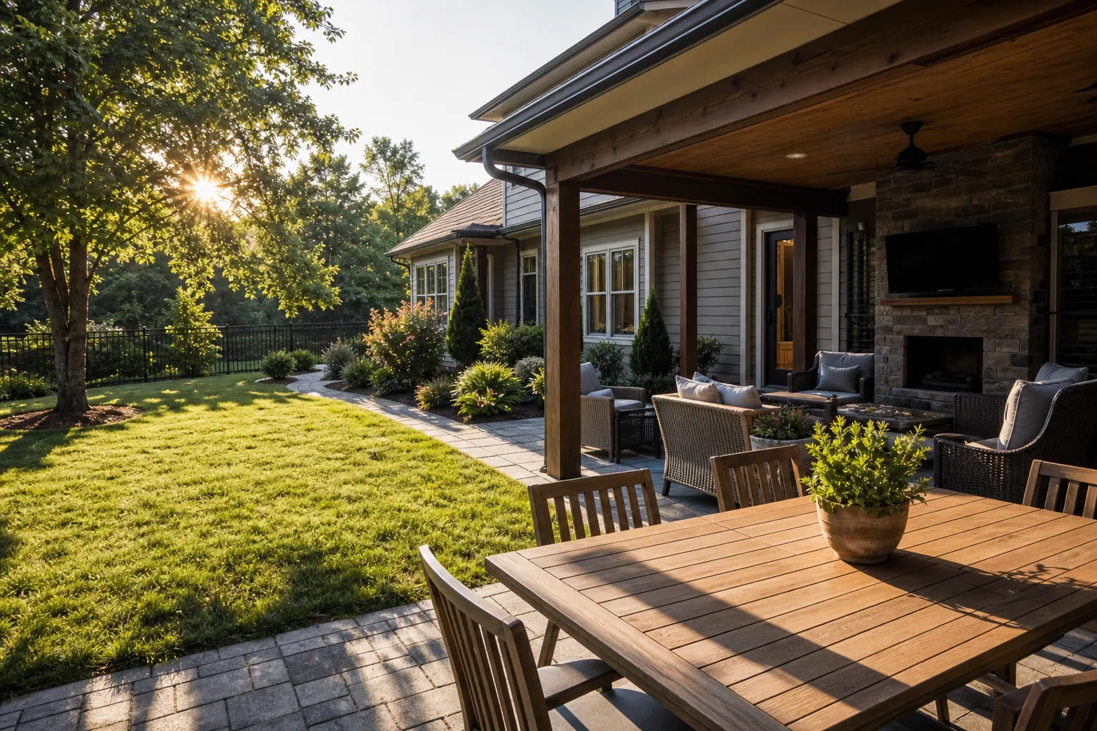 Sunlit backyard with a covered patio, outdoor dining table, seating area, lawn, trees, and landscaped garden beds.