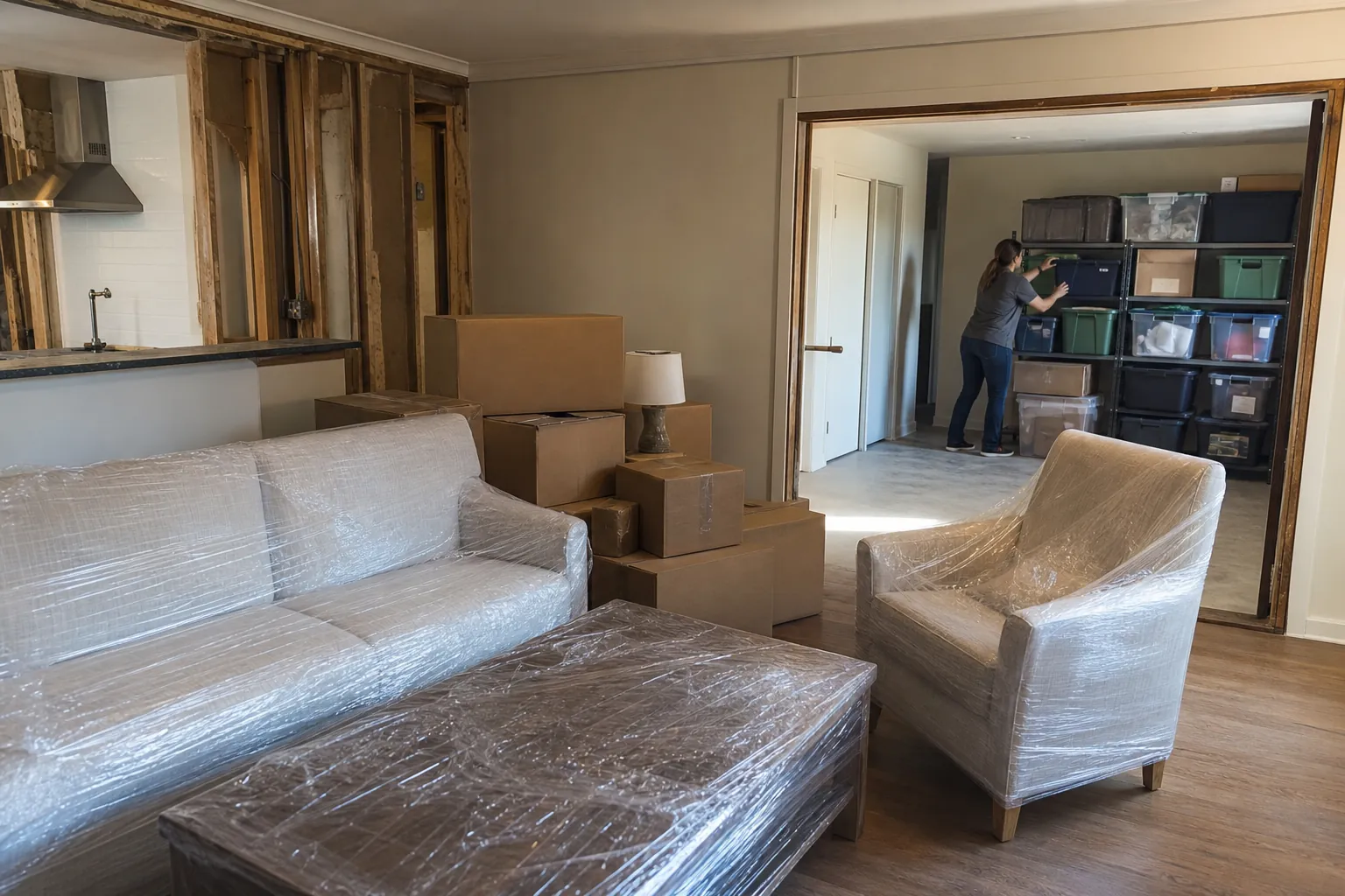 Wrapped sofa, chair and table sit beside moving boxes as a woman organizes storage bins during a phased remodel.