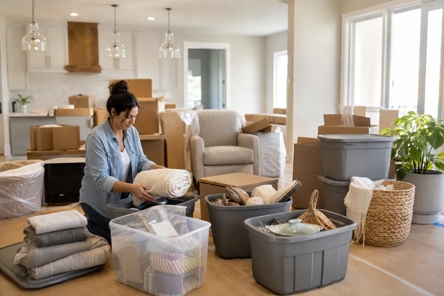 Sorting Household Belongings for a Phased Remodel Woman sorts folded linens and household items into storage bins among moving boxes in a partially cleared living room.