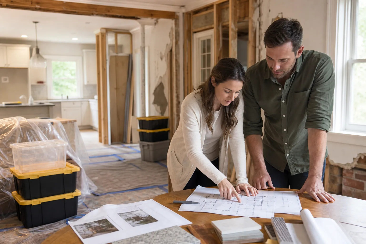 Couple Planning the Sequence of a Phased Home Remodel A couple reviews floor plans at a table amid exposed walls, covered furniture, and stacked storage bins during a remodel.