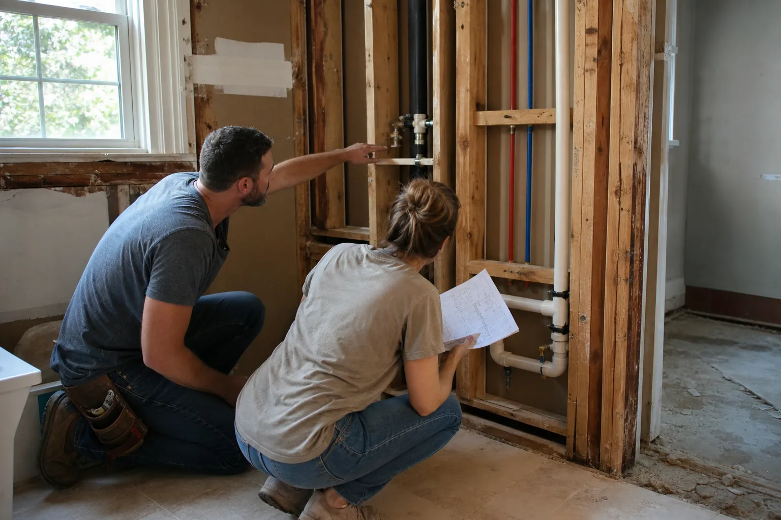 Two remodelers inspect exposed plumbing pipes and a floor plan inside a bathroom with open wall framing.