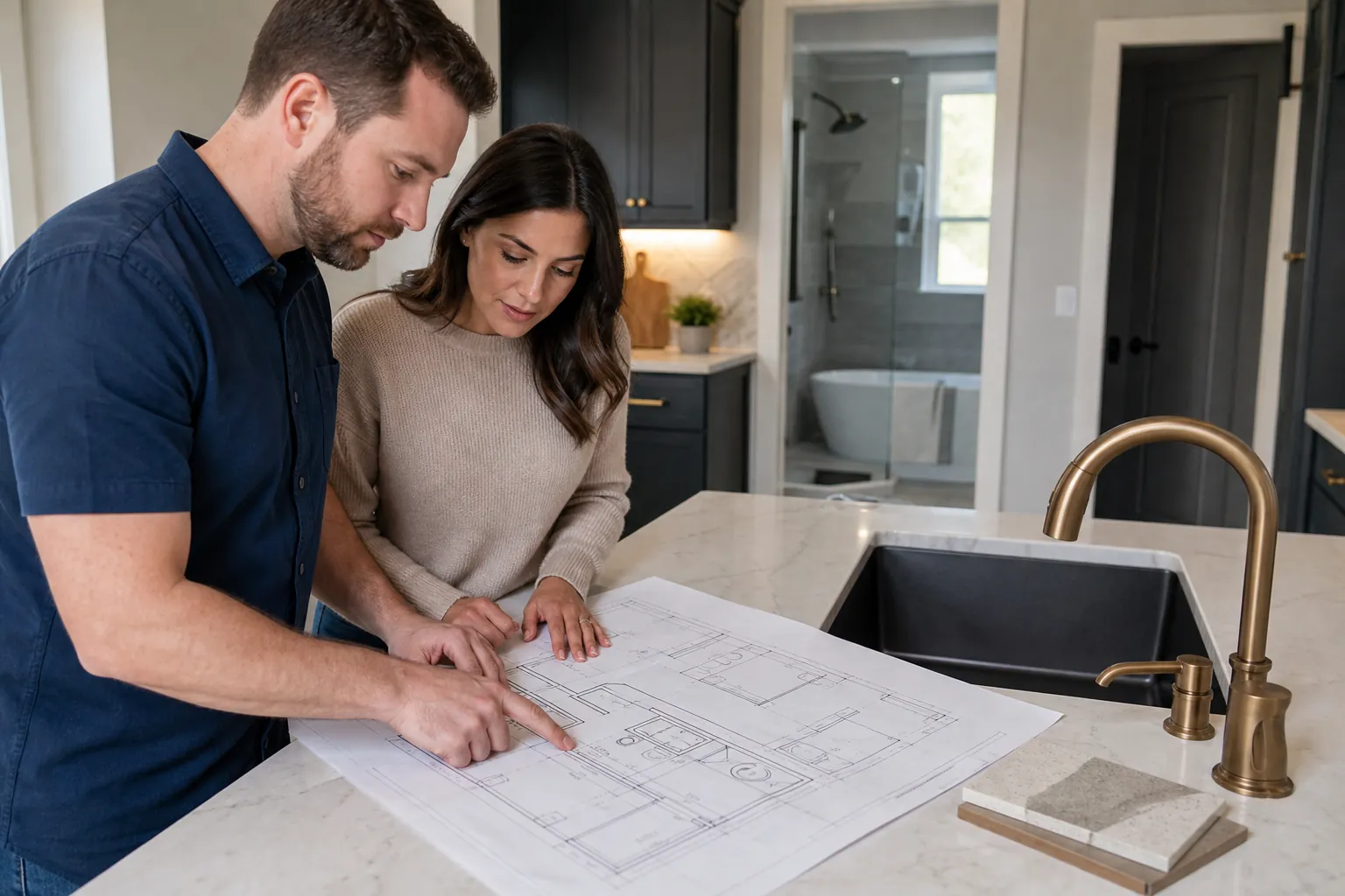 A man and woman review a floor plan beside a kitchen sink and faucet in a remodeled home.