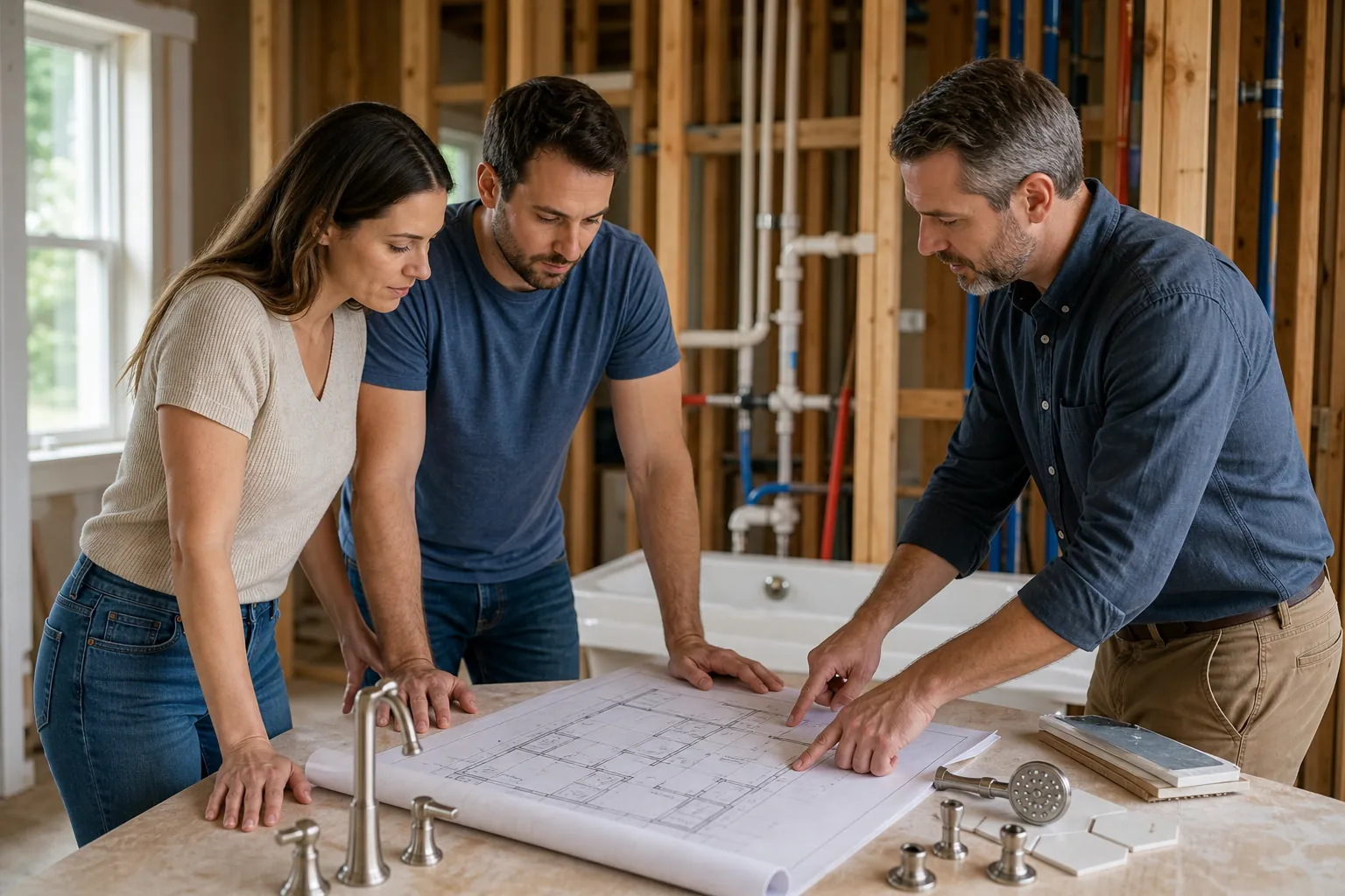 Three people review floor plans beside plumbing fixtures and exposed pipes during a bathroom remodel.