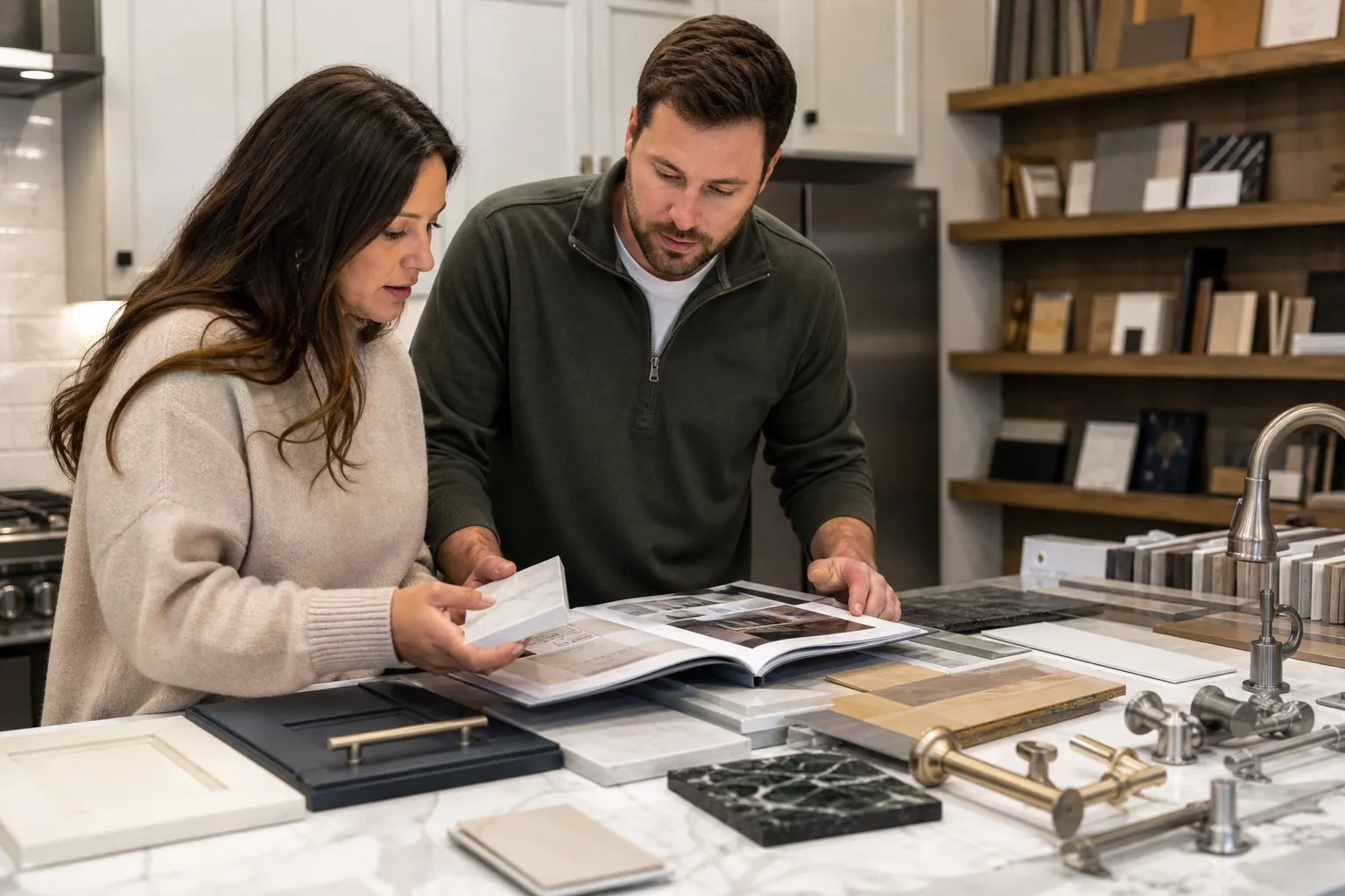 A couple reviews a product catalog and cabinet, tile, countertop, and plumbing samples in a kitchen showroom.
