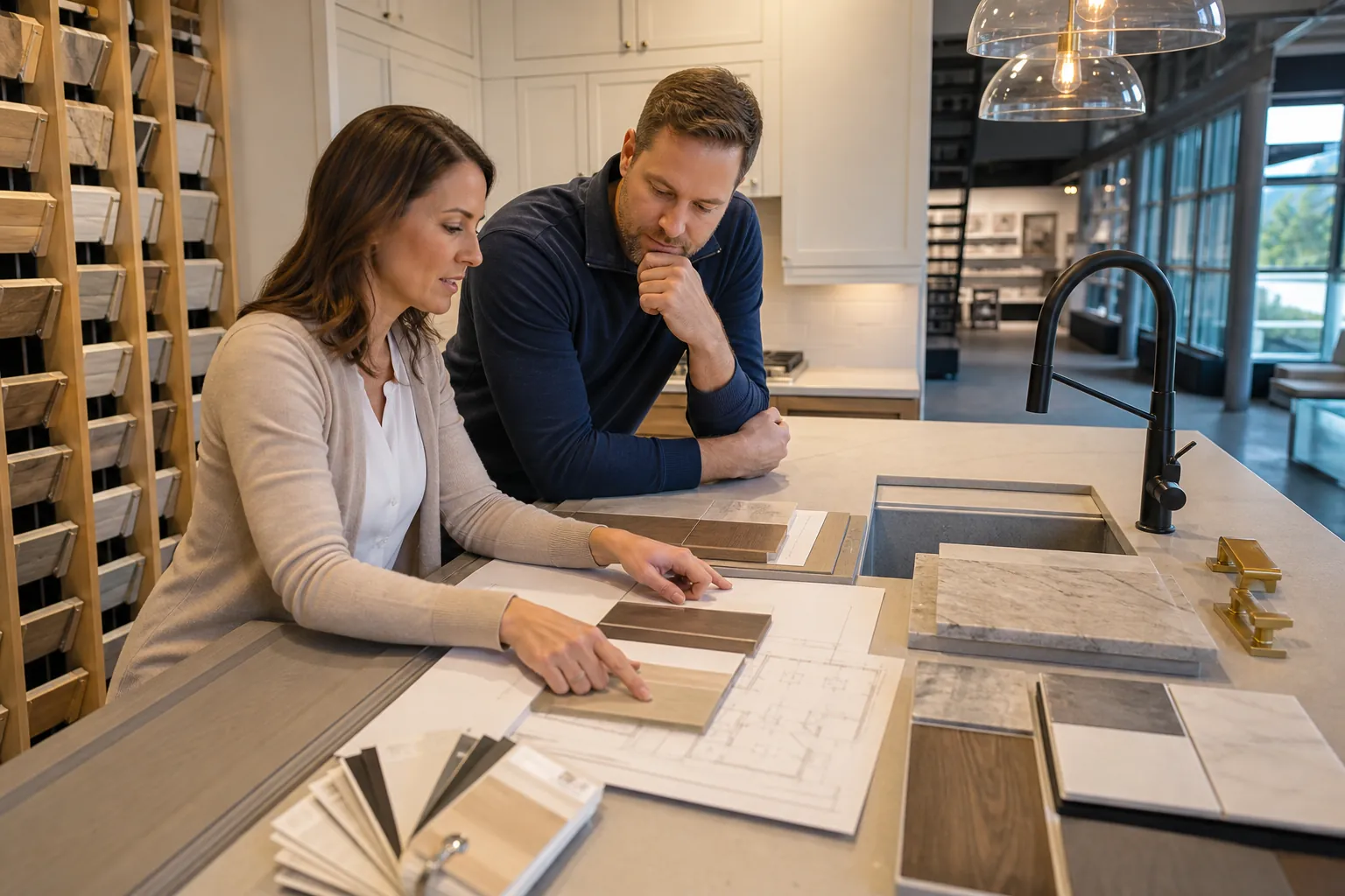A couple reviews cabinet, countertop, tile, and hardware samples with a kitchen plan in a remodeling showroom.