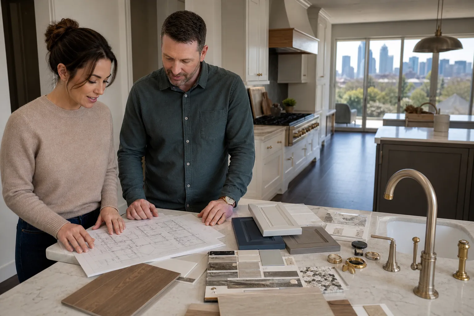 Two homeowners review floor plans, cabinet samples, tile, and fixtures on a kitchen island during remodel planning.