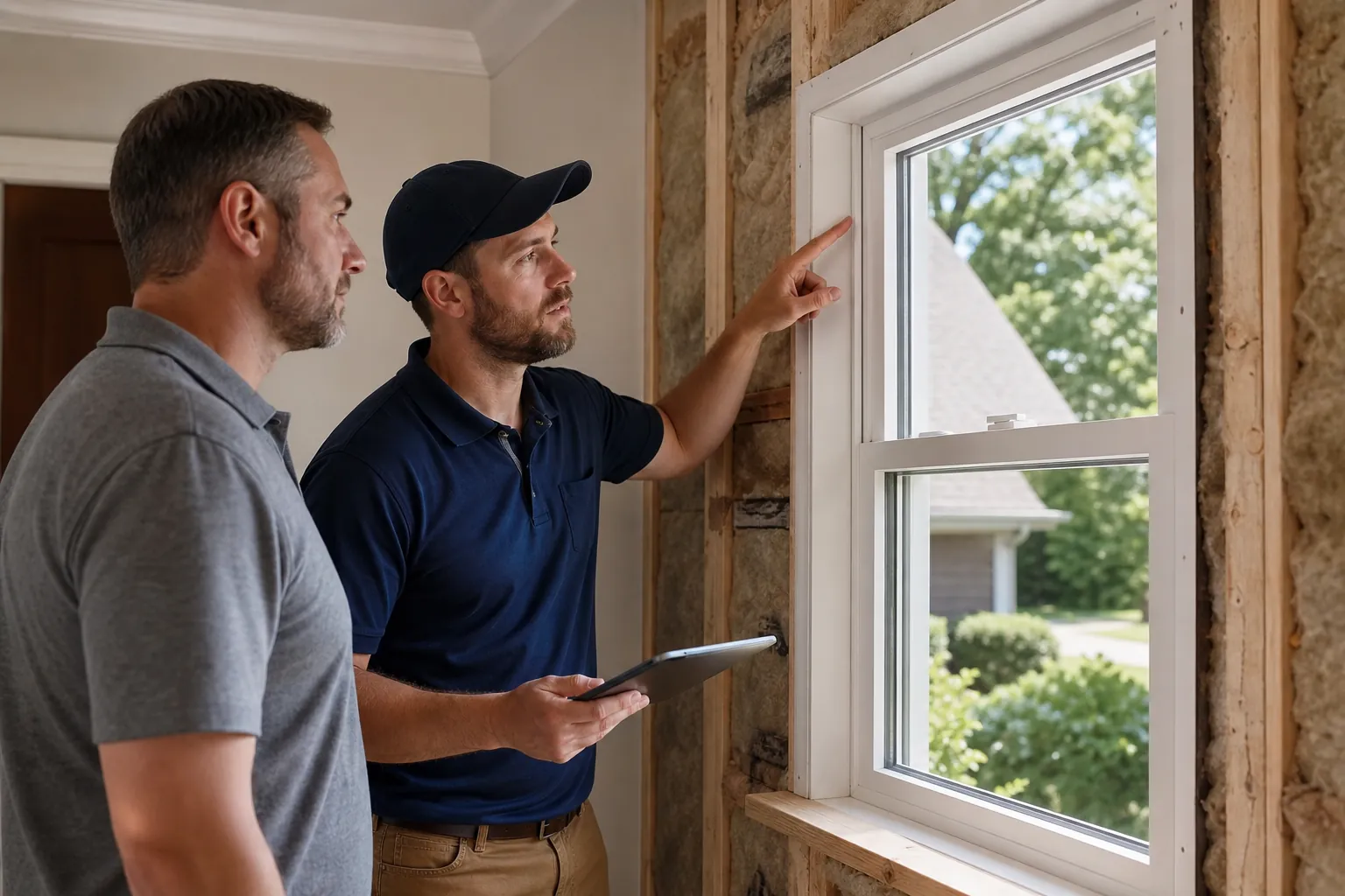Contractor Evaluating Existing Window Conditions A contractor with a tablet points to a window frame while a homeowner observes exposed insulation and wall framing.