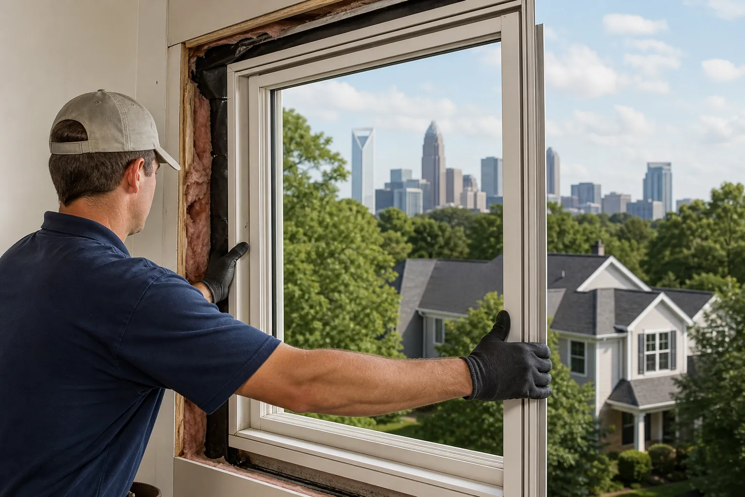 Window Replacement and Exposed Insulation in Charlotte Installer holds a replacement window beside exposed insulation, with Charlotte's skyline visible beyond the houses.