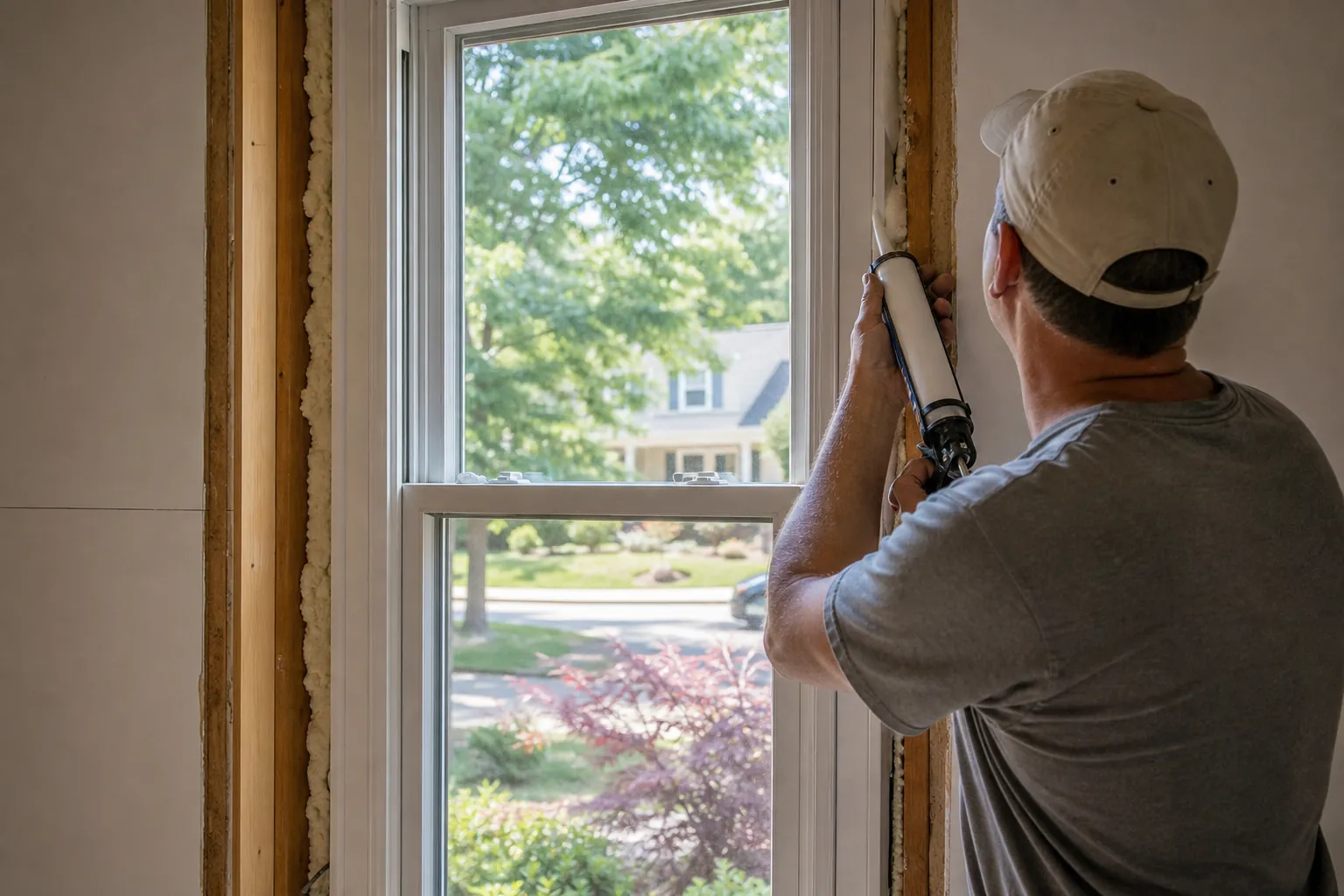 Worker applies sealant with a caulking gun beside a replacement window framed by exposed studs and spray foam.