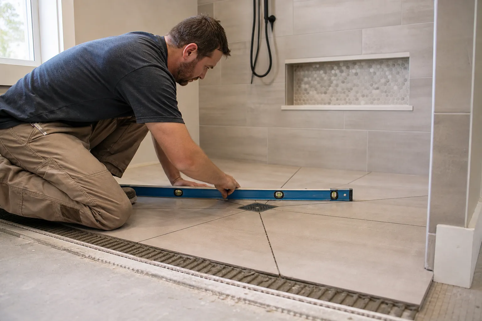 Worker uses a level to check the tiled floor slope toward a square drain in a curbless shower under construction.