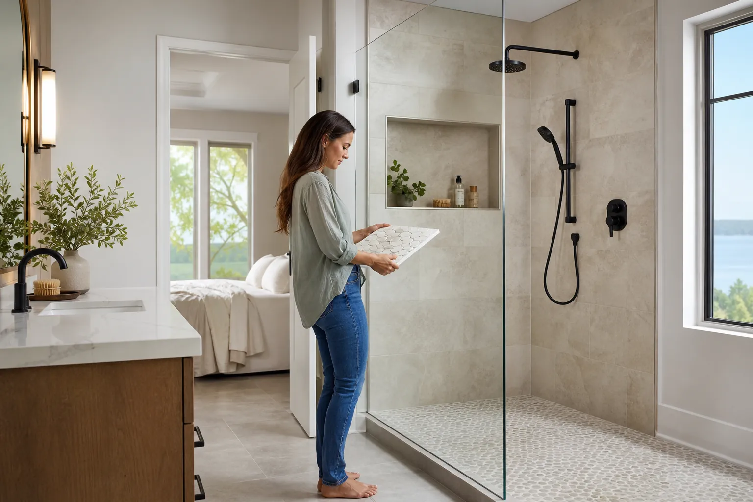 Woman holding a tile sample beside a glass-enclosed curbless shower with black fixtures and a lake view.