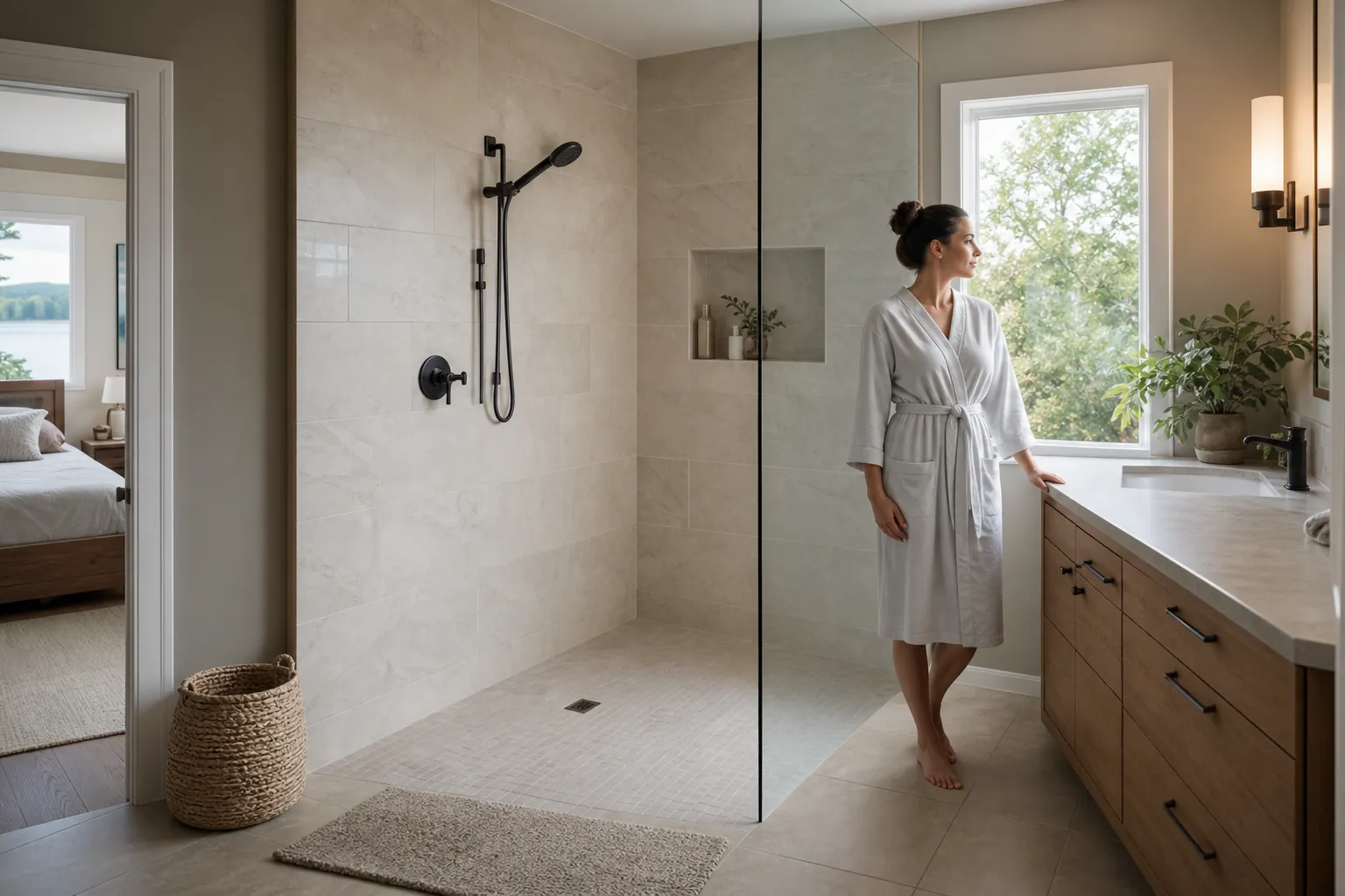 Woman in a white robe stands beside a glass-enclosed curbless shower in a bright, modern bathroom.