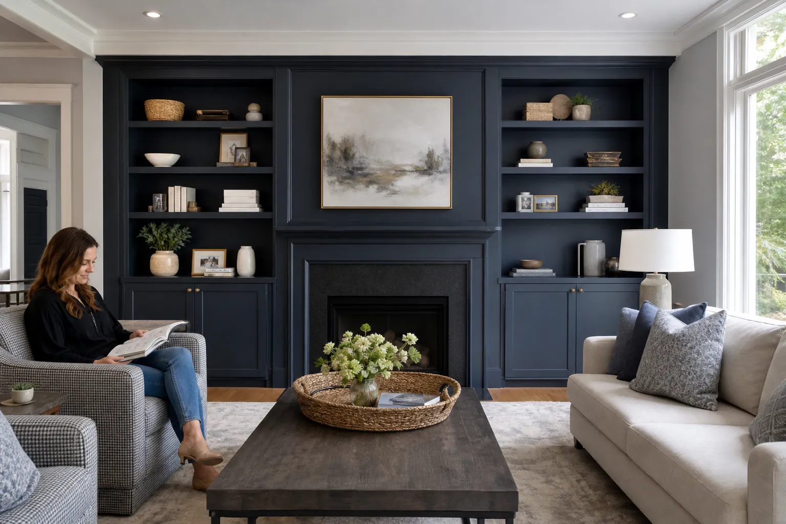 Woman reading beside navy custom built-in shelves and cabinets surrounding a fireplace in a bright living room.
