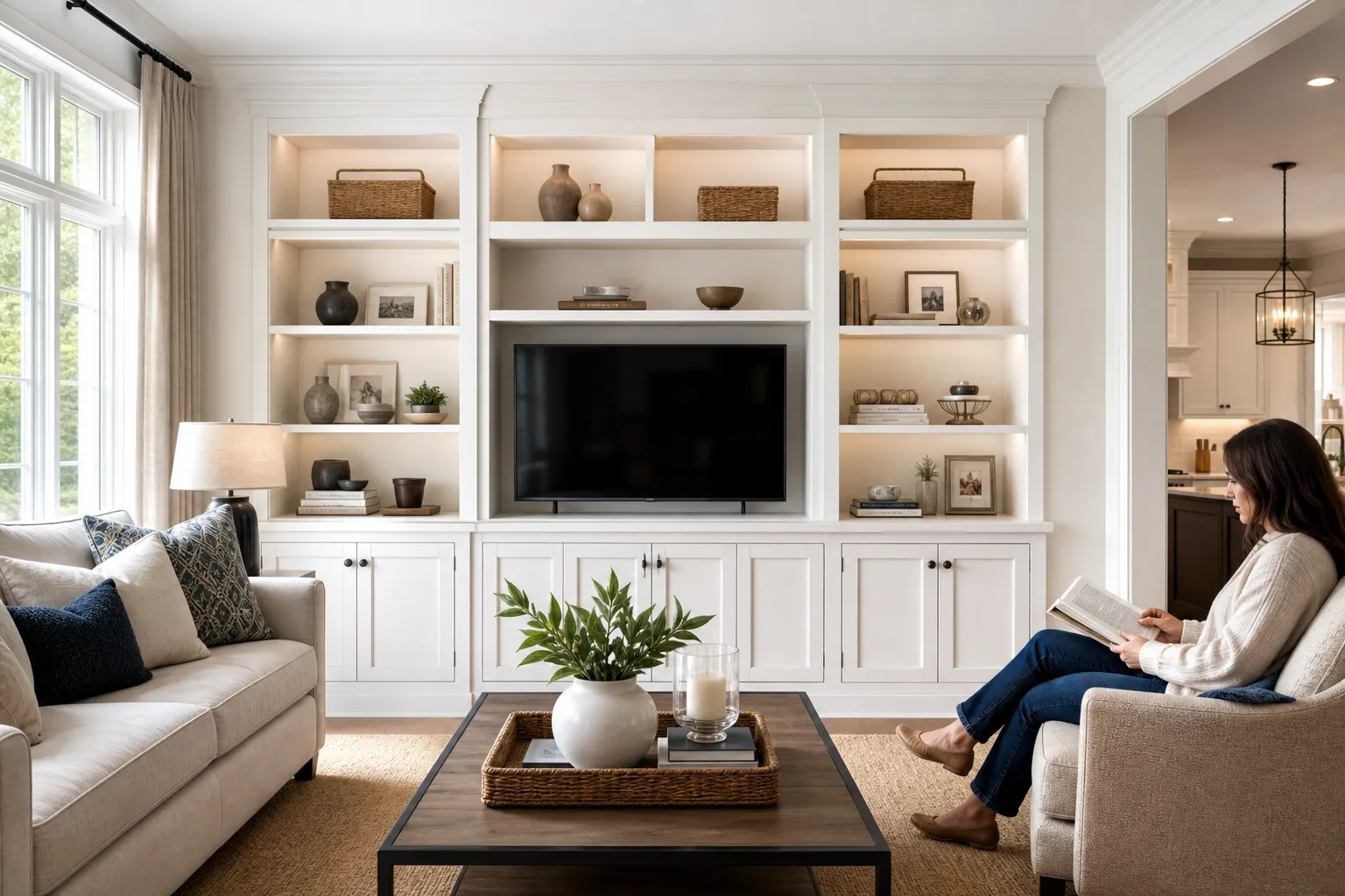 White Living Room Built-Ins With Shelves and TV Woman reading beside white built-in shelves, cabinets, and a TV in a bright, traditional living room.
