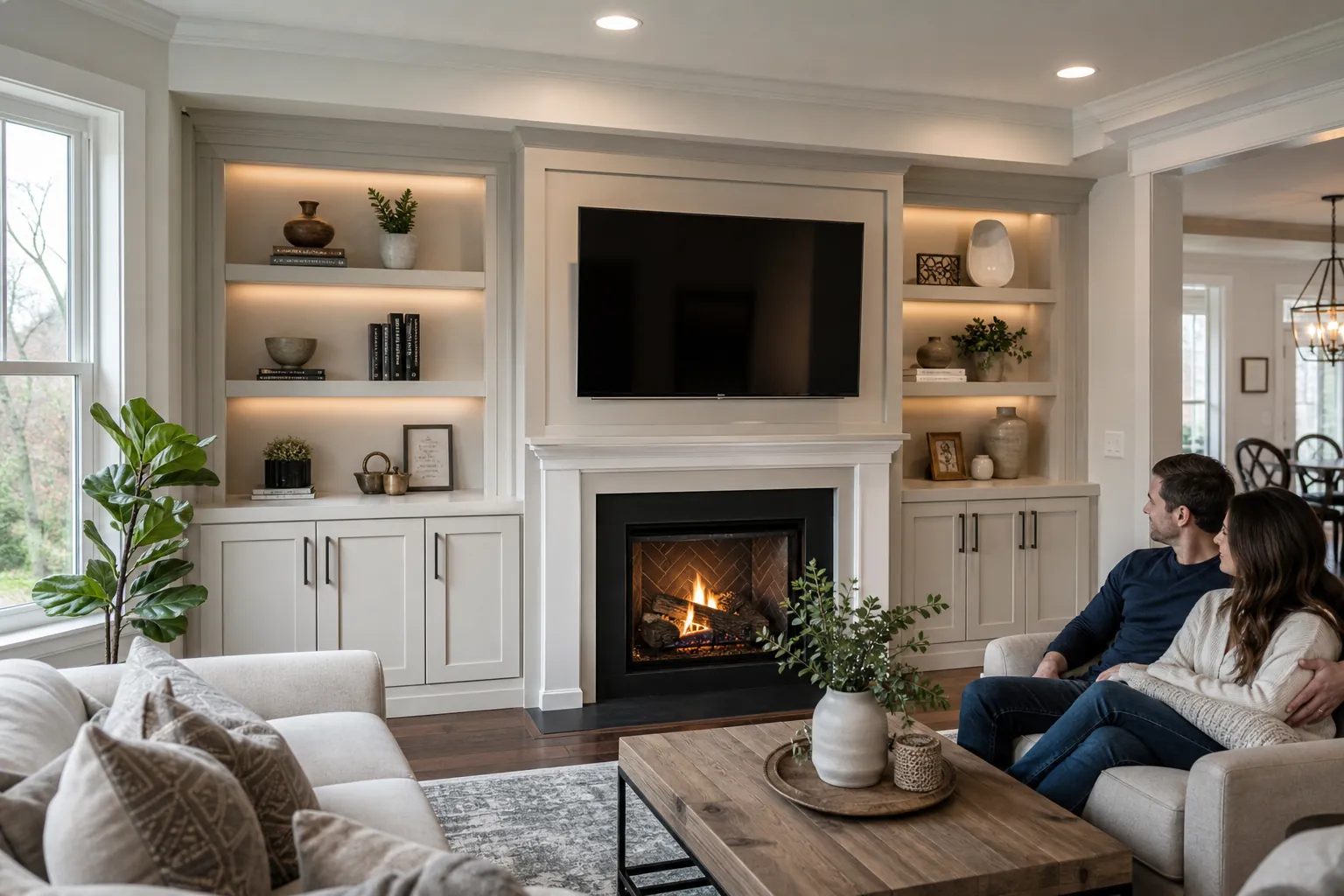 Custom Living Room Built-Ins Around a Fireplace and TV Couple seated in a living room with illuminated custom built-ins flanking a fireplace and wall-mounted TV.