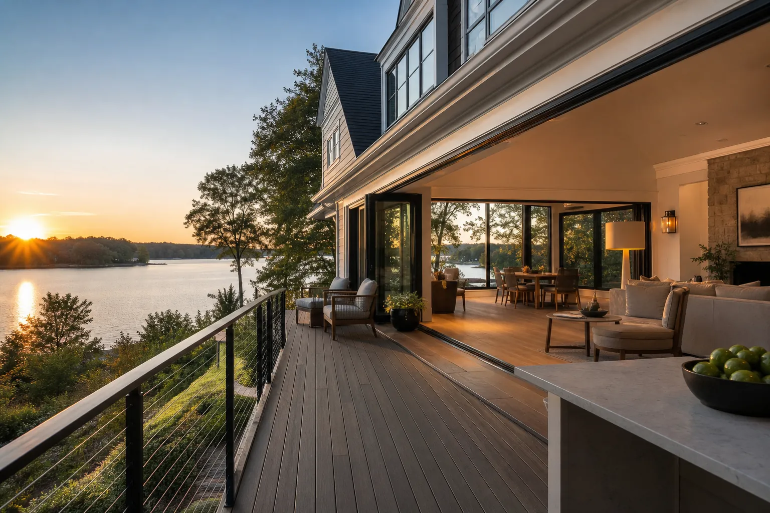 Lakefront Home Balancing Sunset Views and Indoor Comfort Sunset over a lake beside a modern home's open living area and deck, showing the balance of water views and warm sunlight.