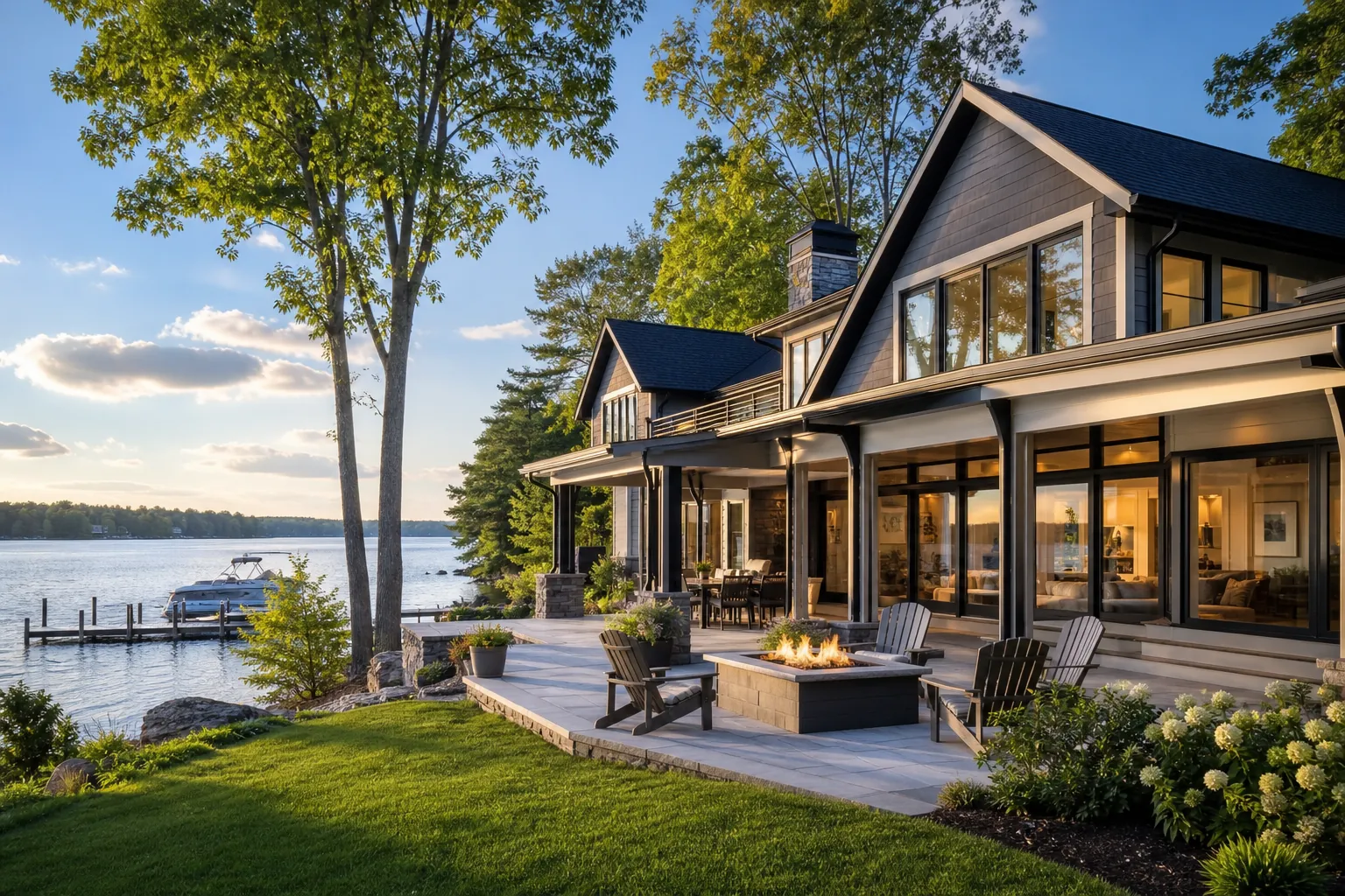 Lakefront home with large windows, a shaded patio, fire pit, lawn, dock, and boat in warm evening light.