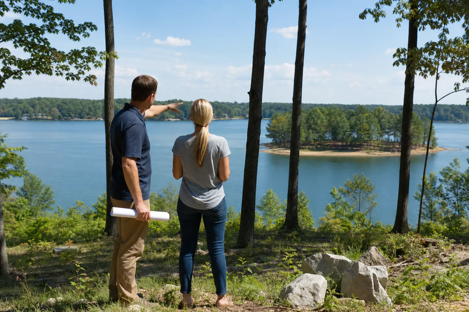 Evaluating a Wooded Homesite Overlooking Lake Wylie Two people assess a wooded homesite overlooking Lake Wylie, with one pointing across the water while holding plans.