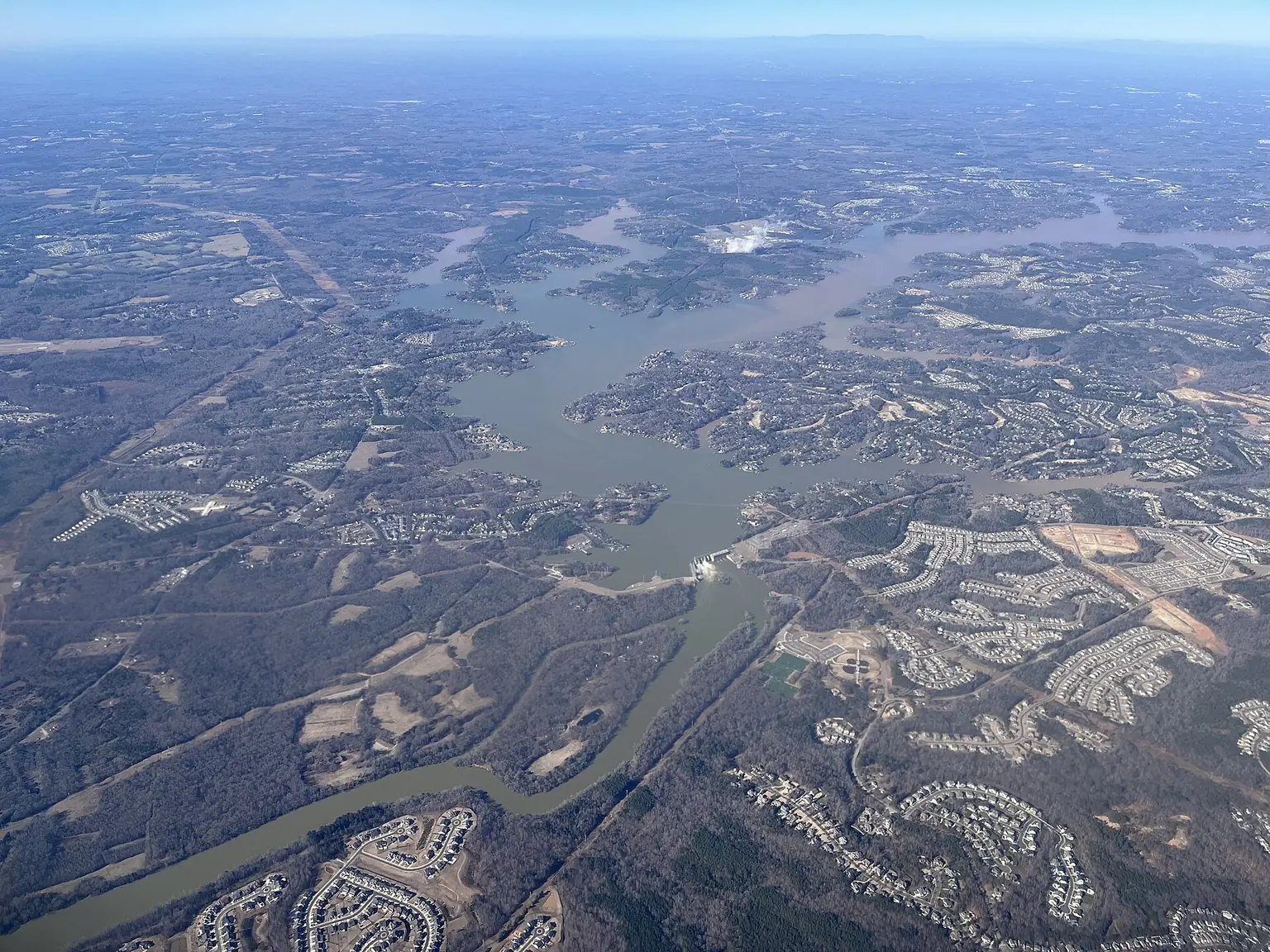 Aerial view of Lake Wylie on the North Carolina-South Carolina line — Understanding custom home site constraints at Lake Wylie