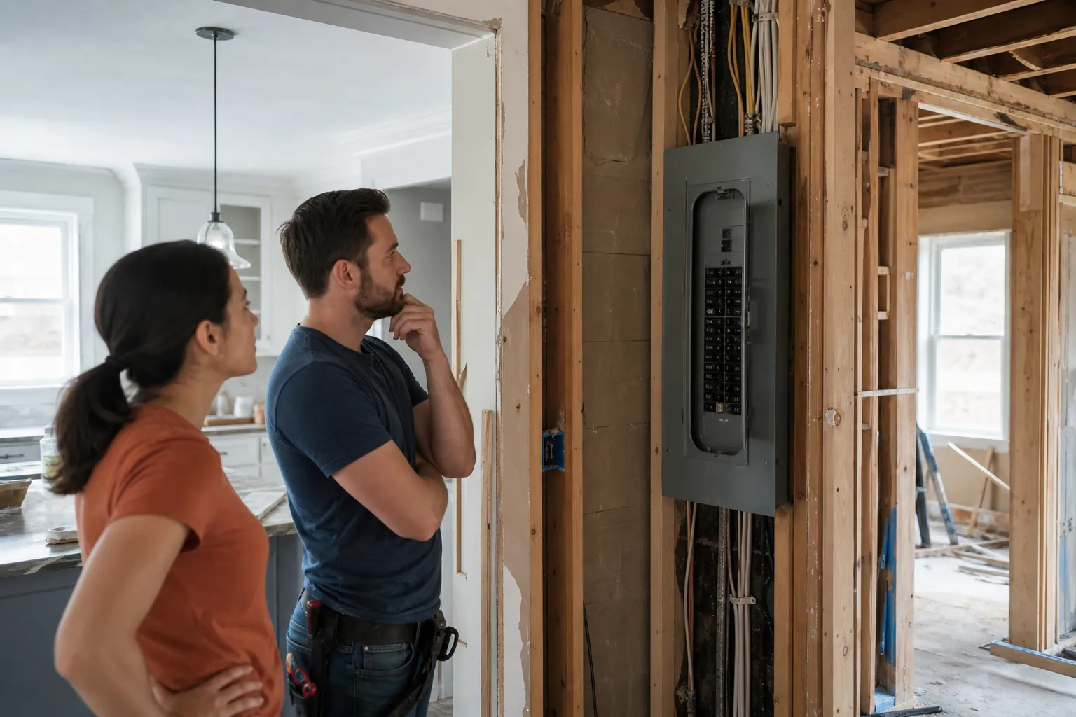 Two homeowners inspect an electrical panel mounted between exposed wall studs during a major home remodel.