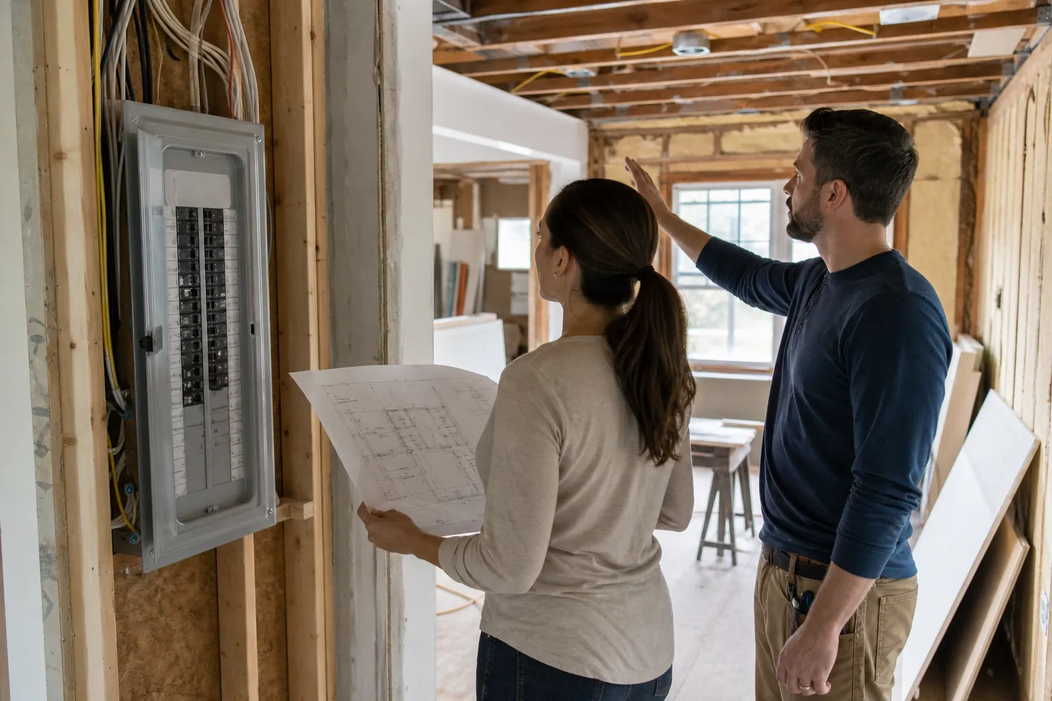 Reviewing Remodel Plans Beside an Electrical Panel Two people review building plans beside an electrical panel in a partially framed room under renovation.