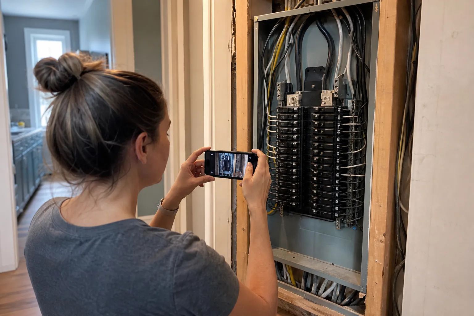 Documenting an Existing Electrical Panel Before Remodeling Woman uses a smartphone to document an open electrical breaker panel exposed between wall studs during remodeling.